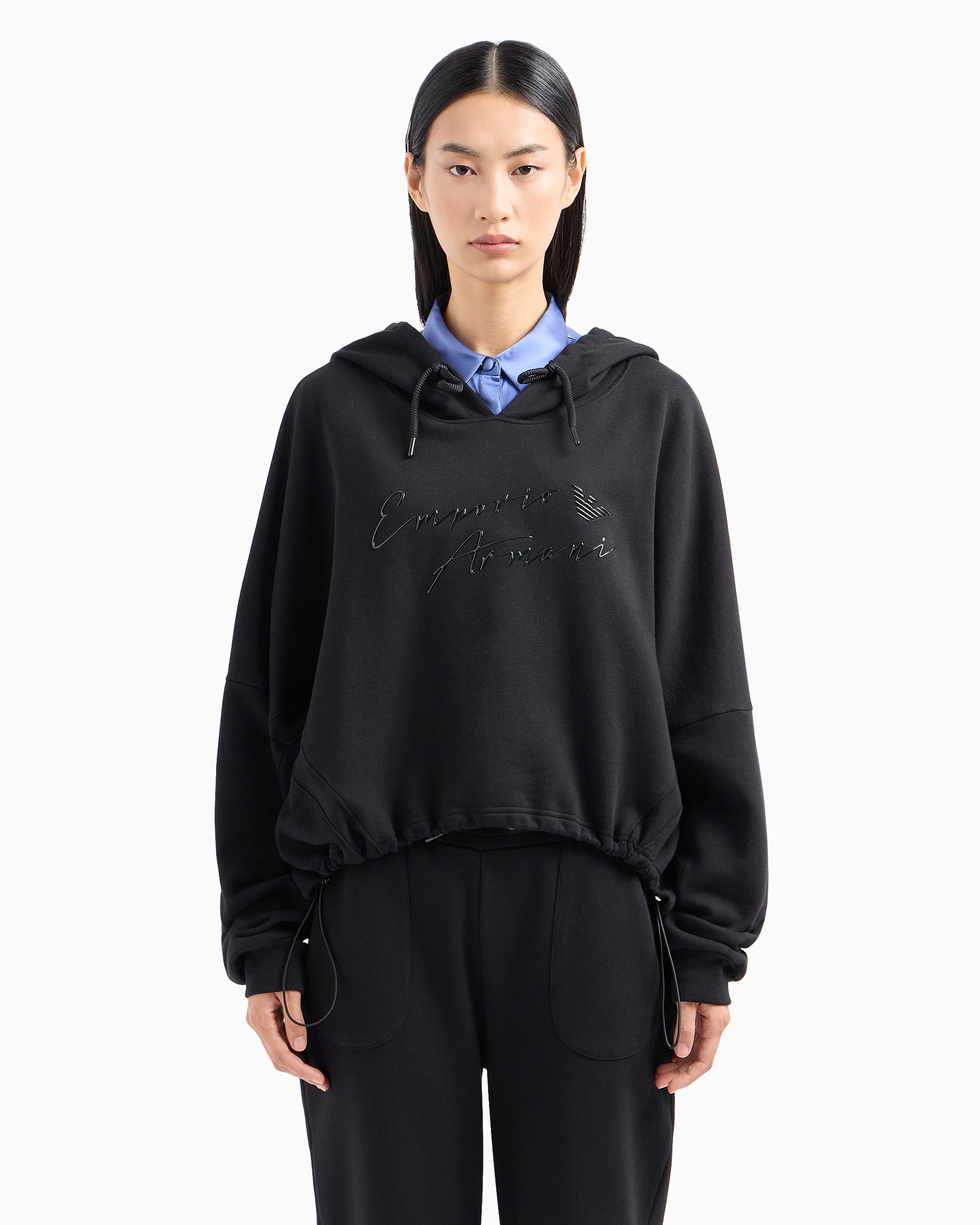 Shop Emporio Armani Asv Hooded Sweatshirt With Shiny Rubberised Logo In Organic French Terry In Black