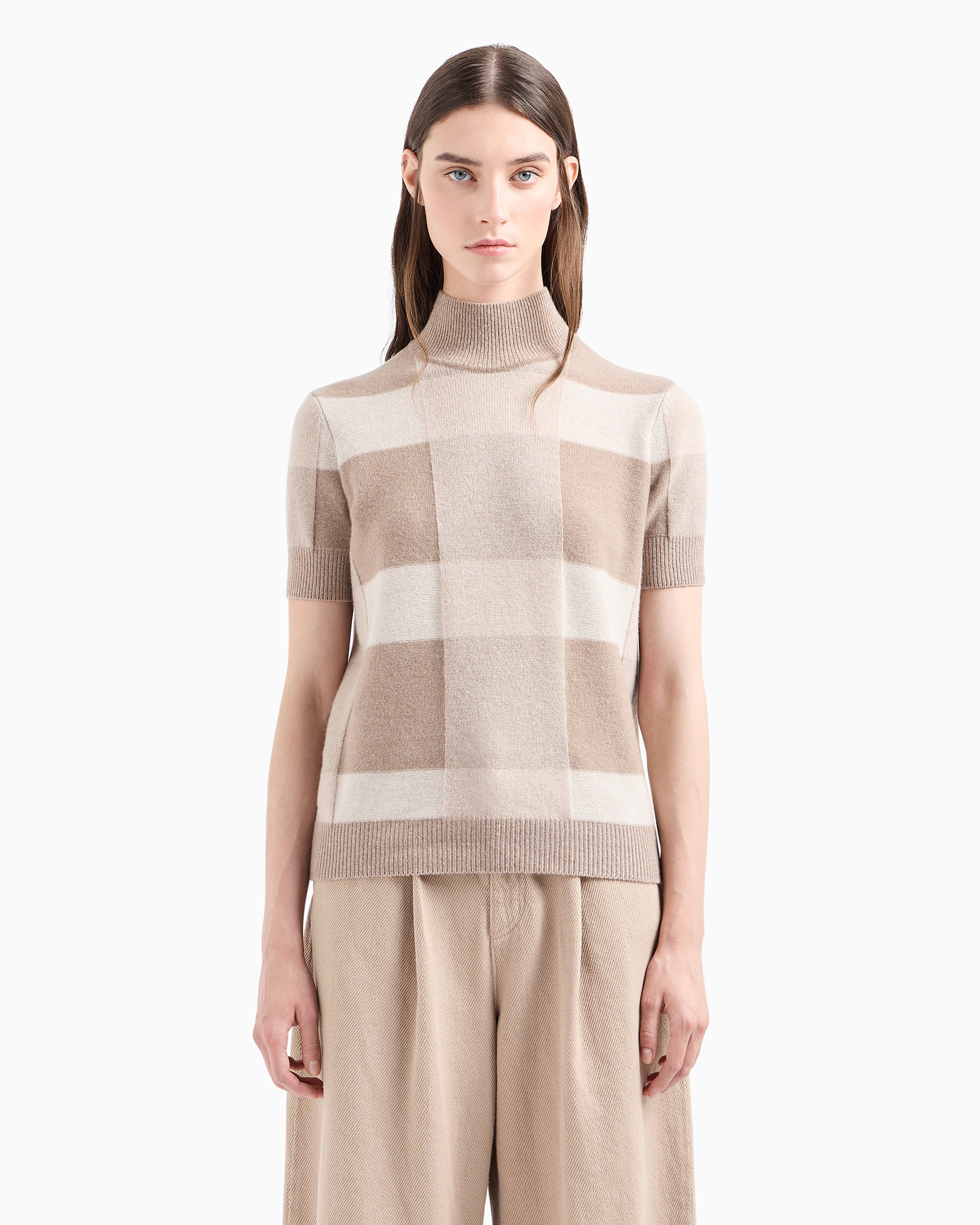 Shop Emporio Armani Icon Short-sleeved Virgin Wool Mock-neck Jumper With A Plated Check Motif In Beige