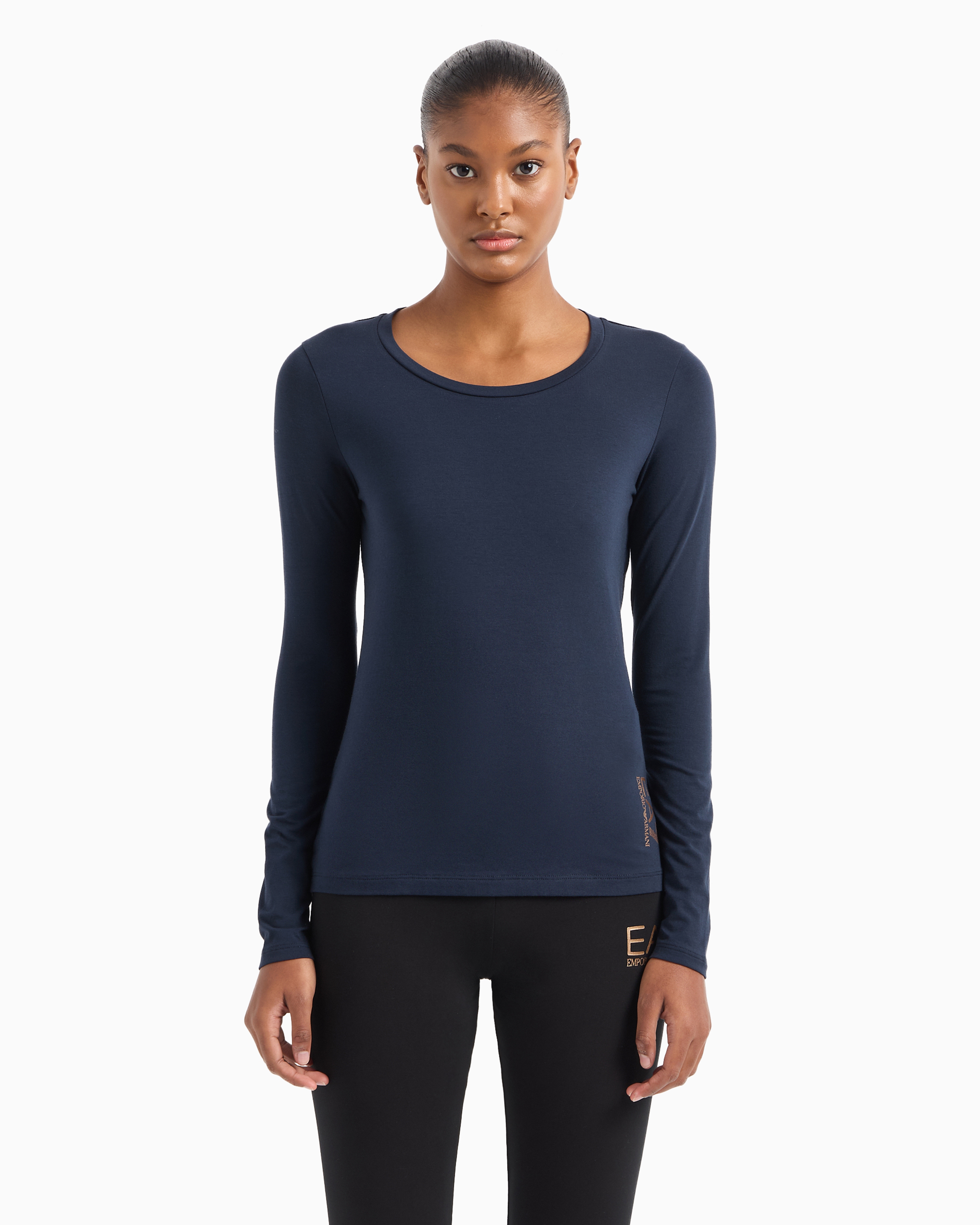 Shop Ea7 Core Lady Stretch-cotton Long-sleeved T-shirt In Navy Blue