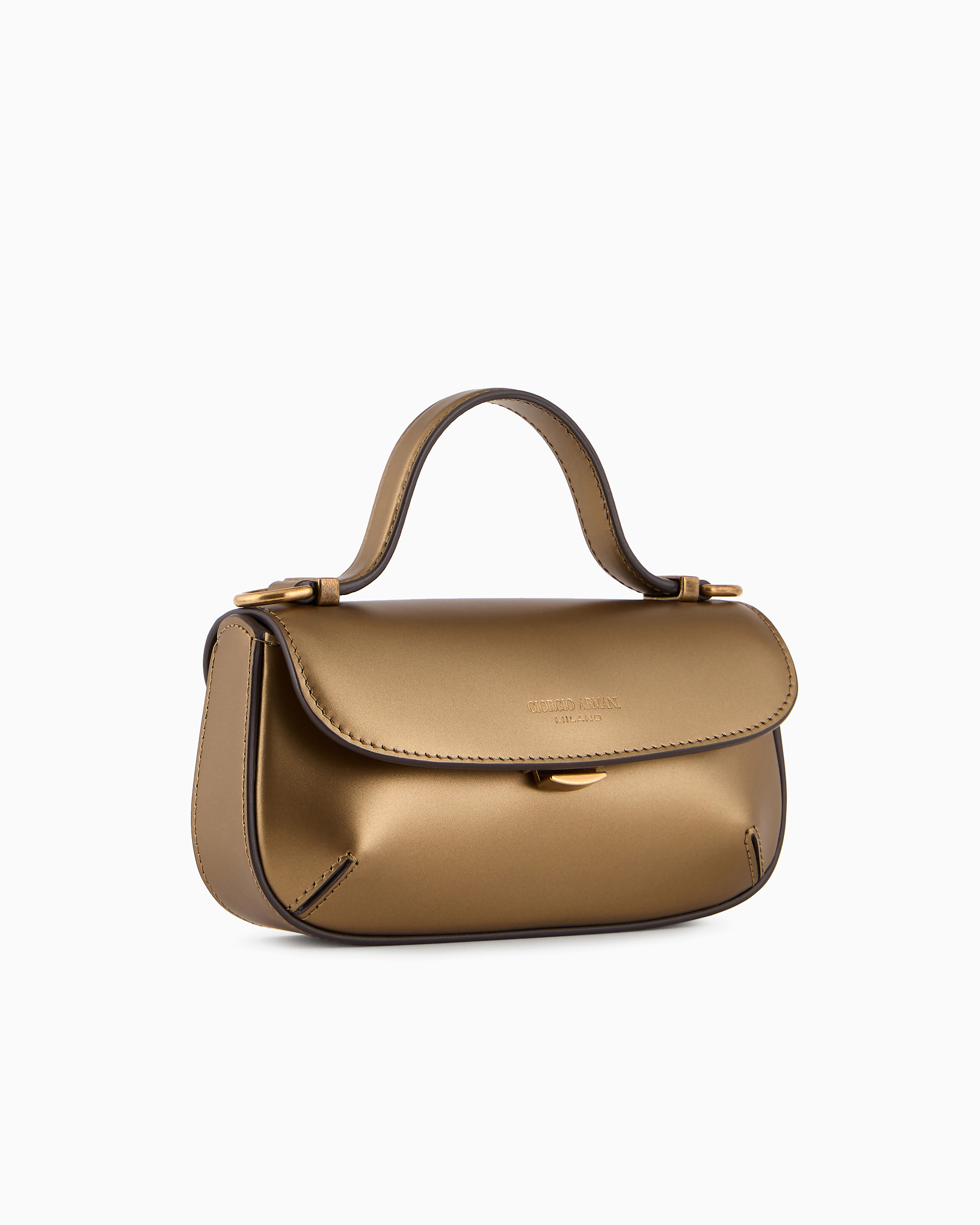 Shop Giorgio Armani Mini La Prima Lamé Leather Handbag In Gold