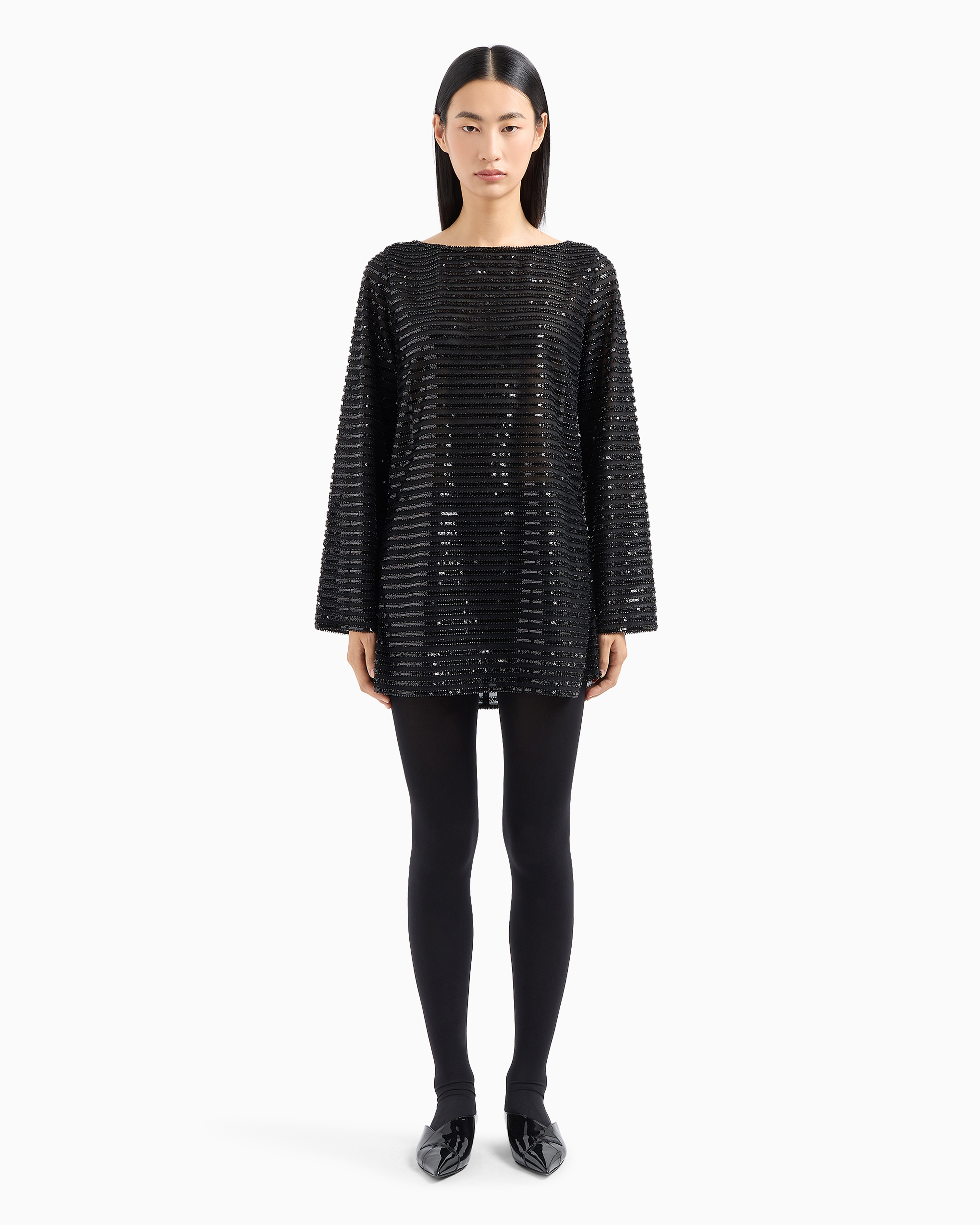 Emporio Armani Official Store Moon Capsule Collection Tulle Tunic Dress With Striped Sequinned Motif In Noir