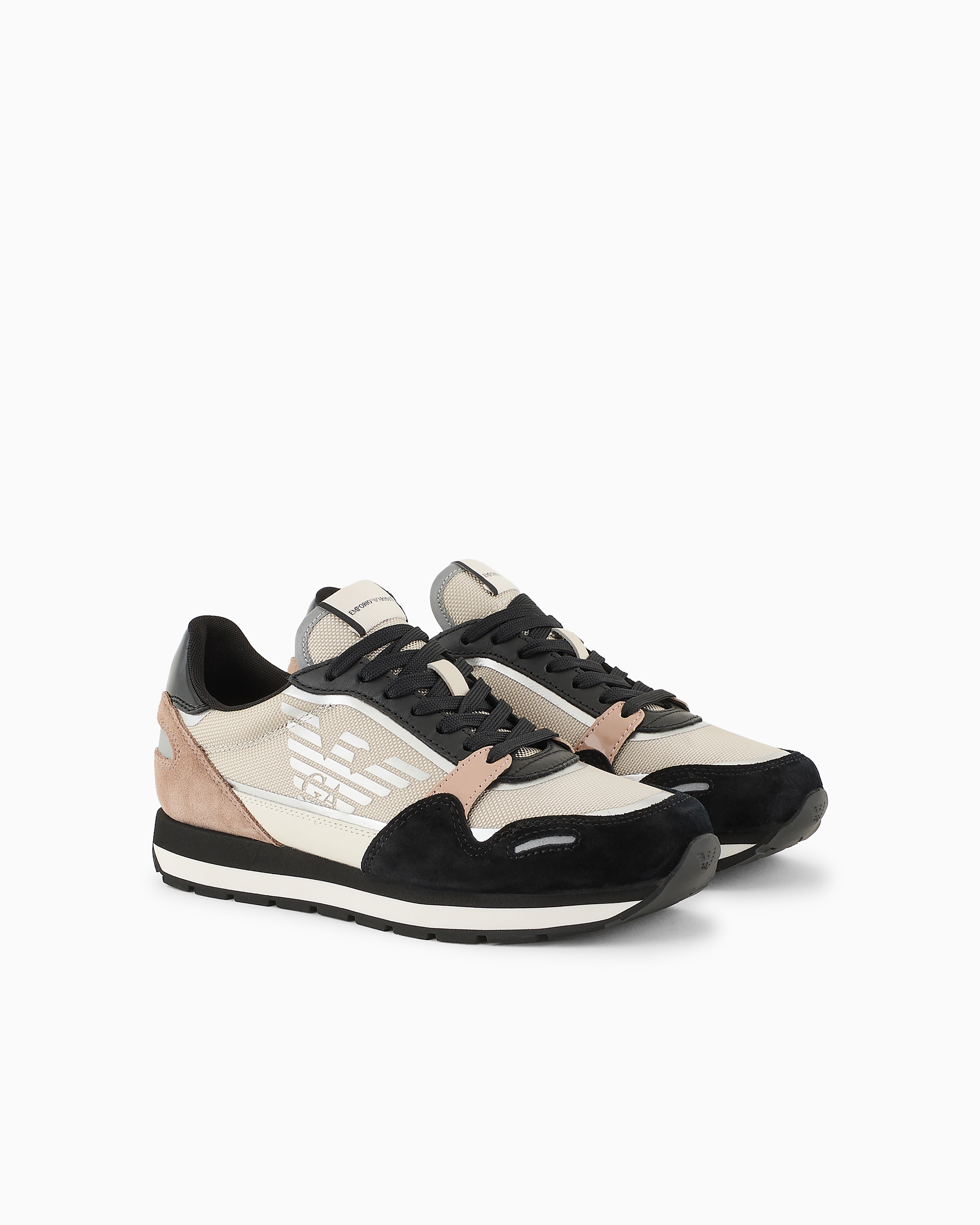 Emporio Armani Suede Sneakers With Reflective And Nylon Details In Black