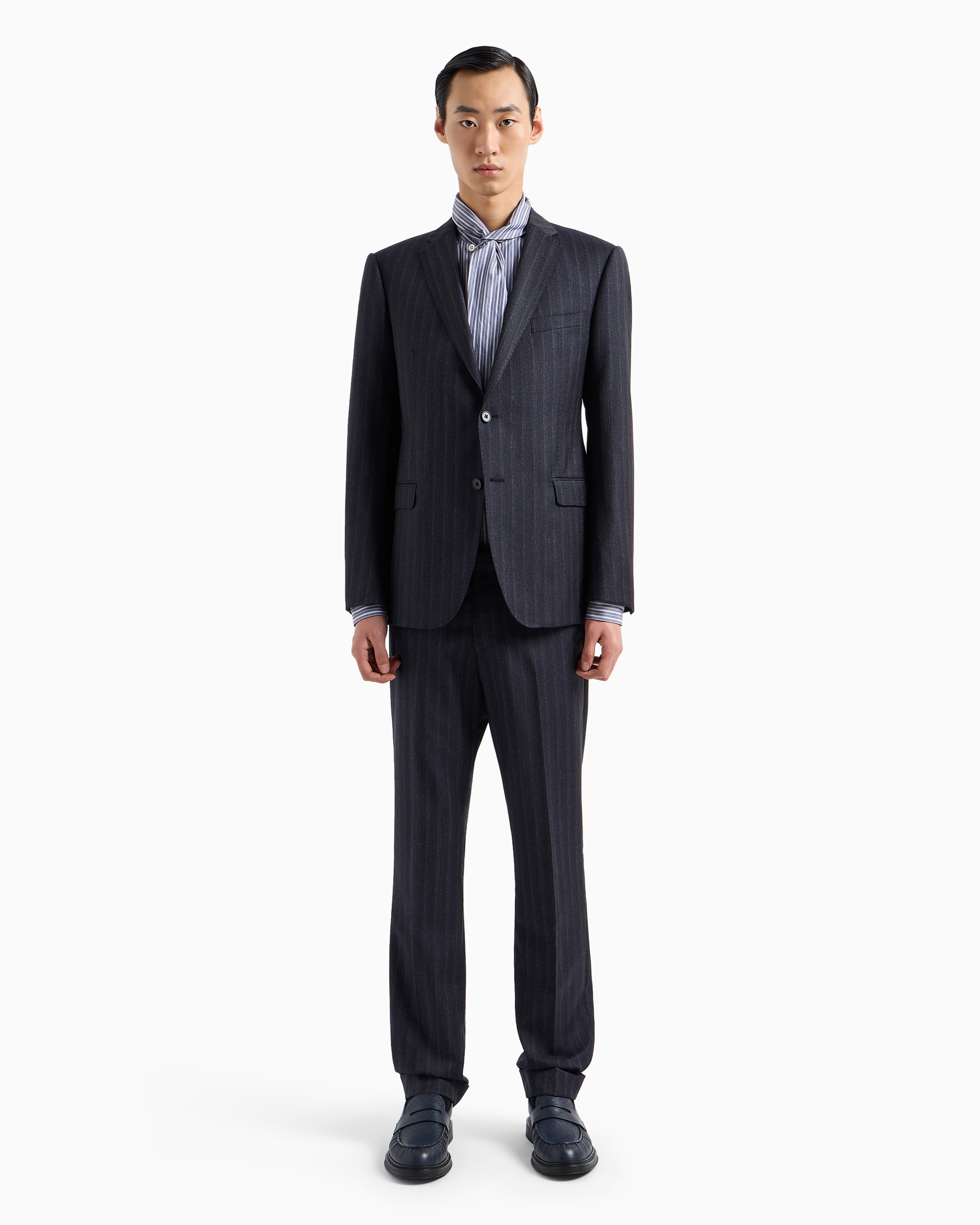 Shop Emporio Armani Slim-fit Single-breasted Suit In Virgin Wool With Gradient Stripe In Bleu