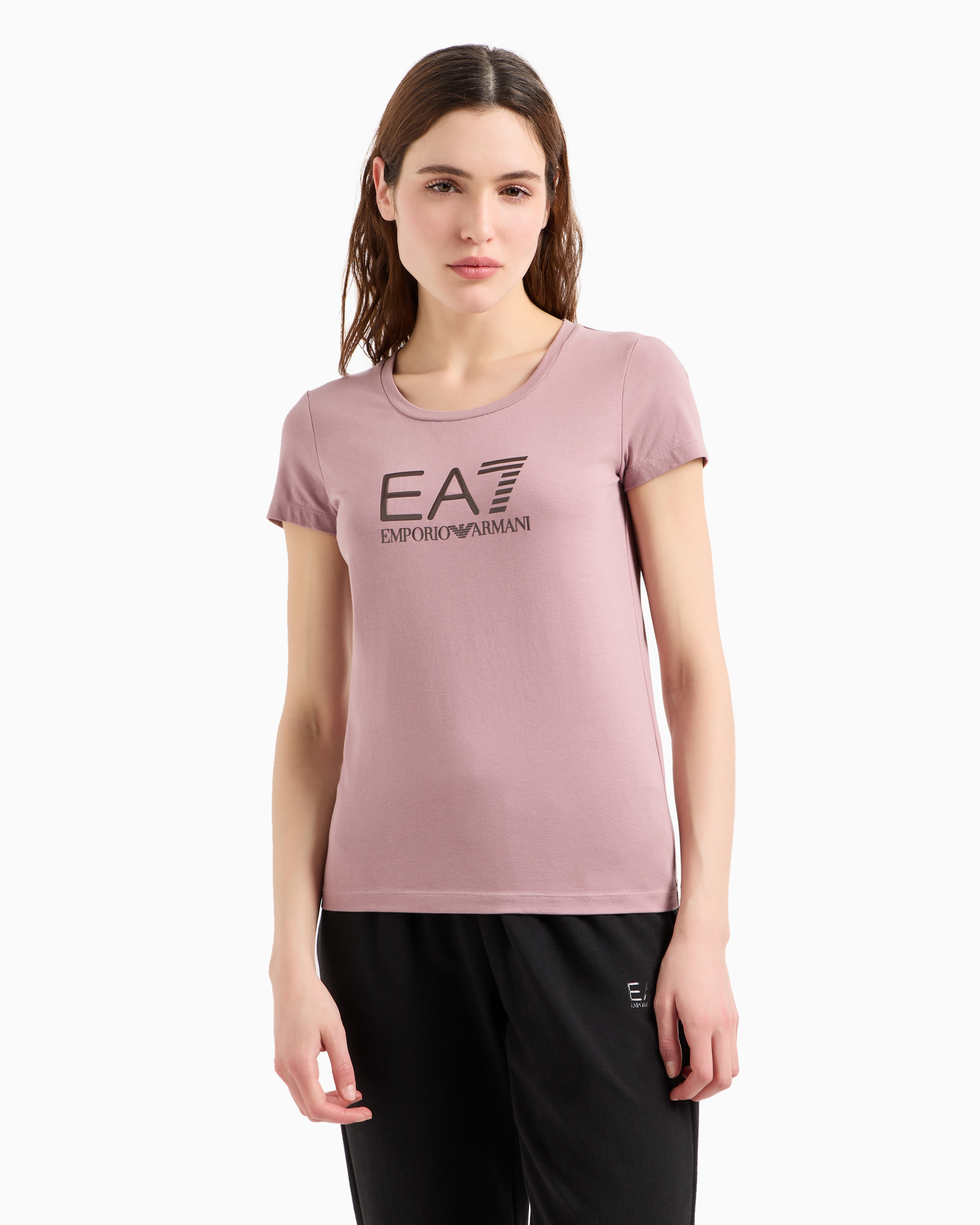 Shop Ea7 Shiny Cotton Crew-neck T-shirt In Antikrosa