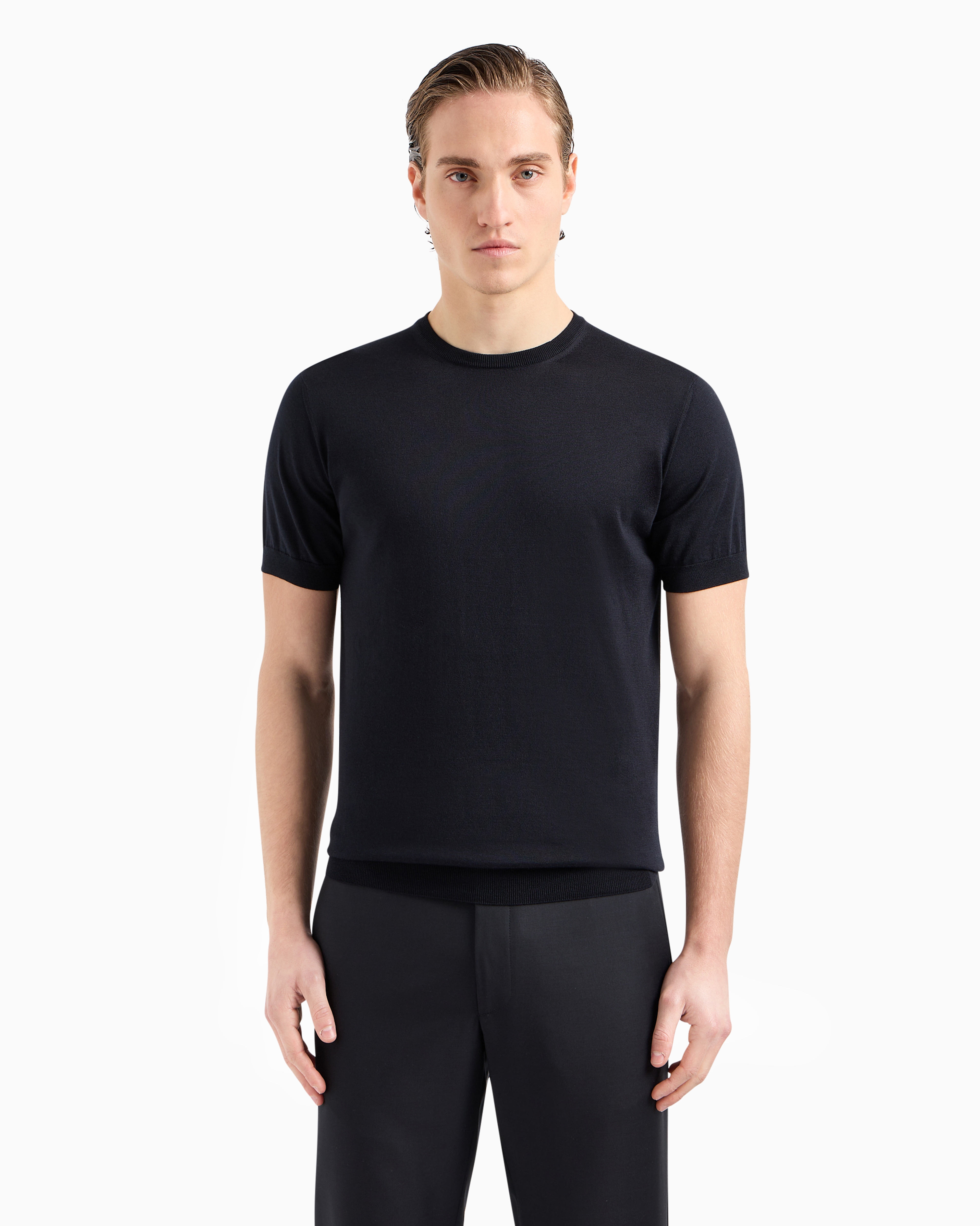 Giorgio Armani Official Store Silk And Cotton Crew-neck Jumper In Navy Blue