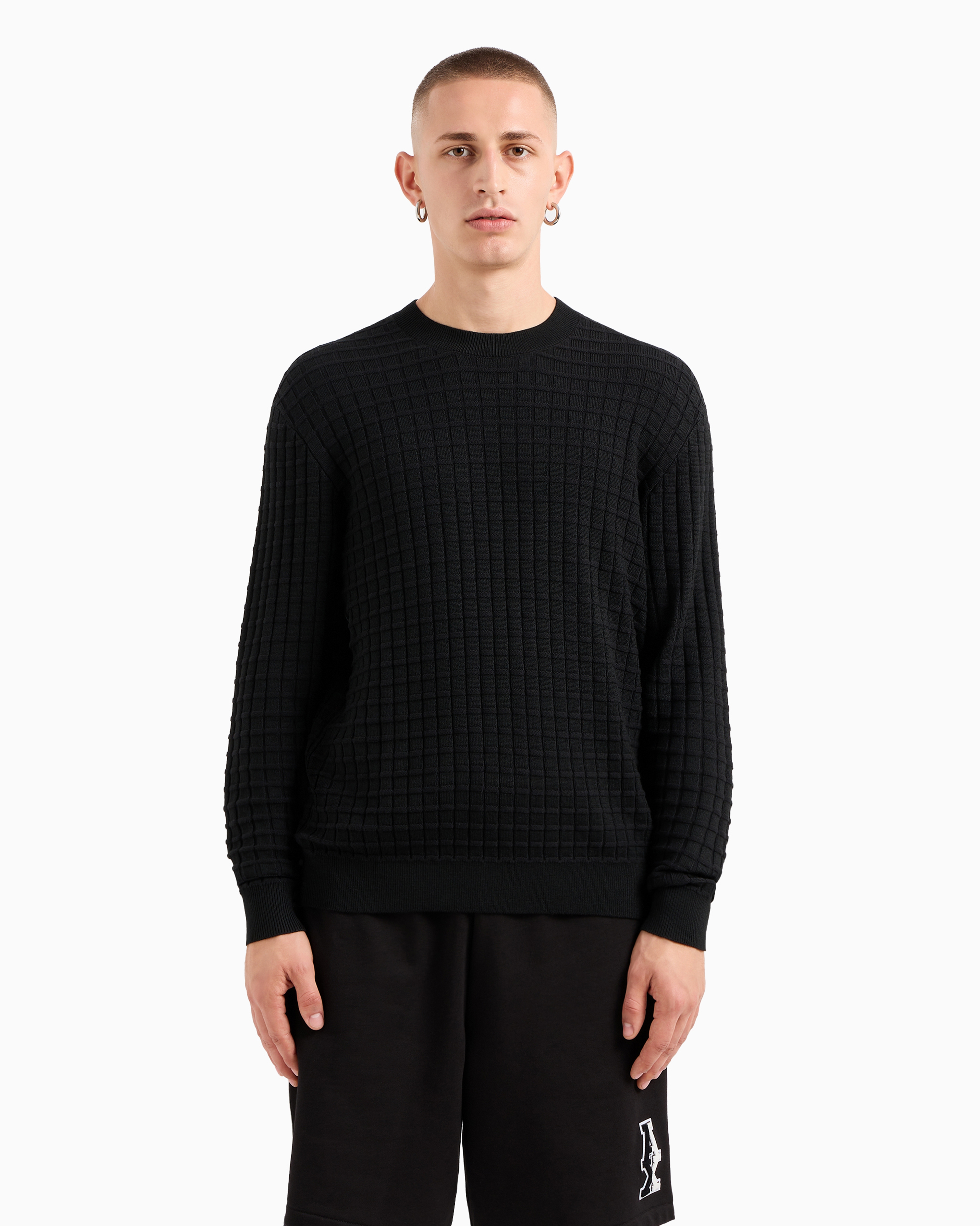 Shop Armani Exchange Asv Checked Crewneck Sweater In Black