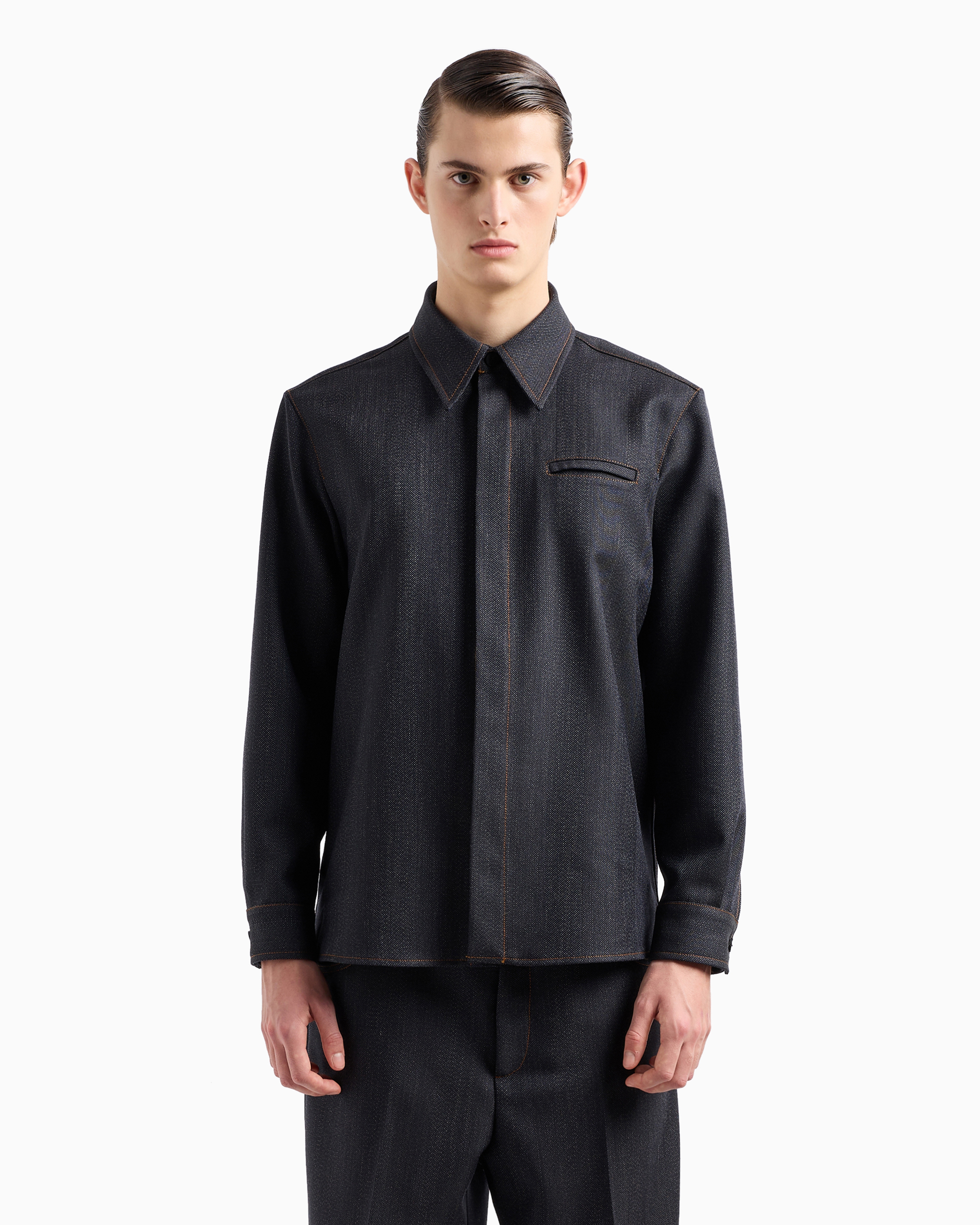 Emporio Armani Mouliné Wool-blend Shirt With Chevron Motif In Navy Blue