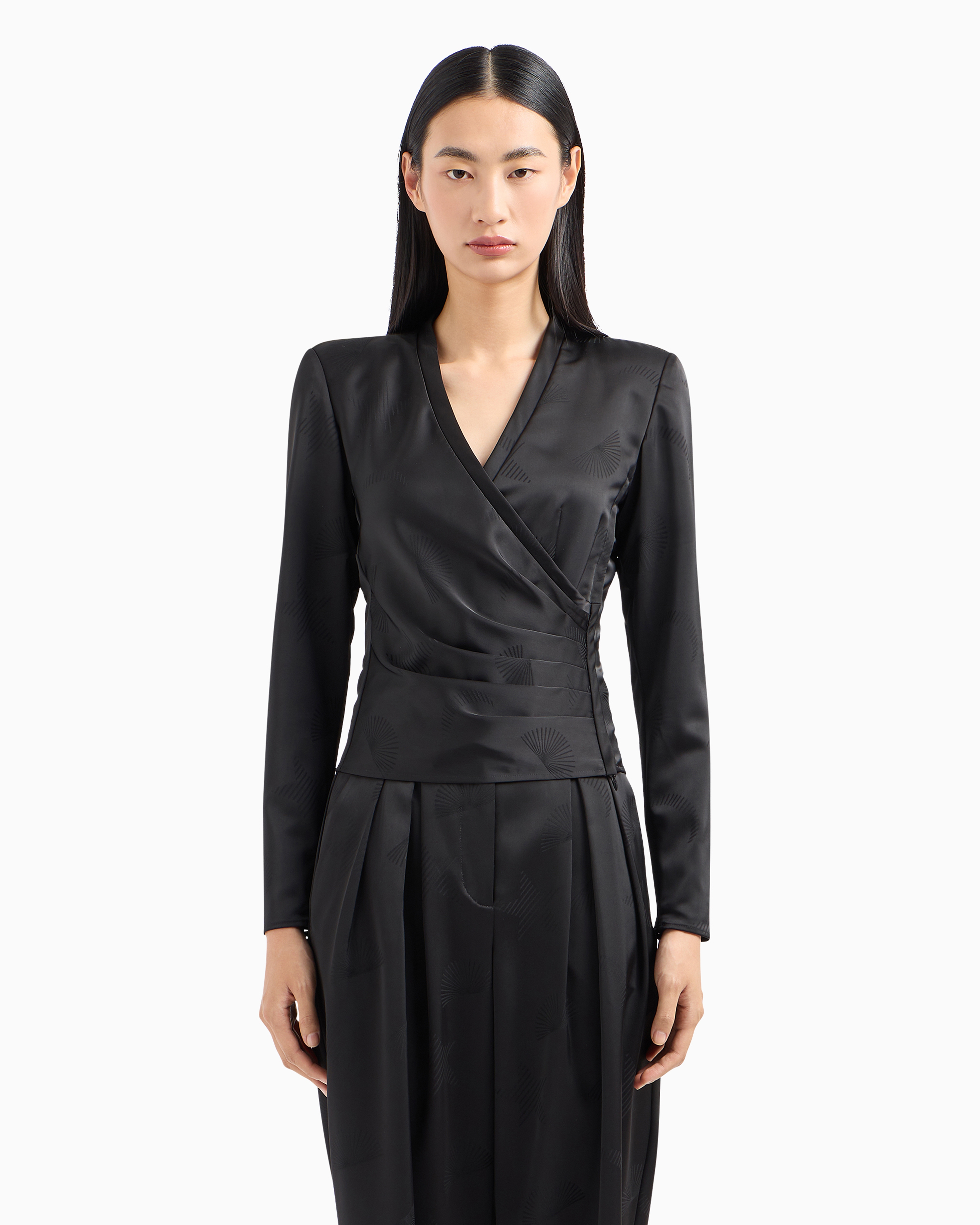 Emporio Armani Official Store Moon Capsule Collection Blouse With A Crossover V Neck And Jacquard Draping In Black