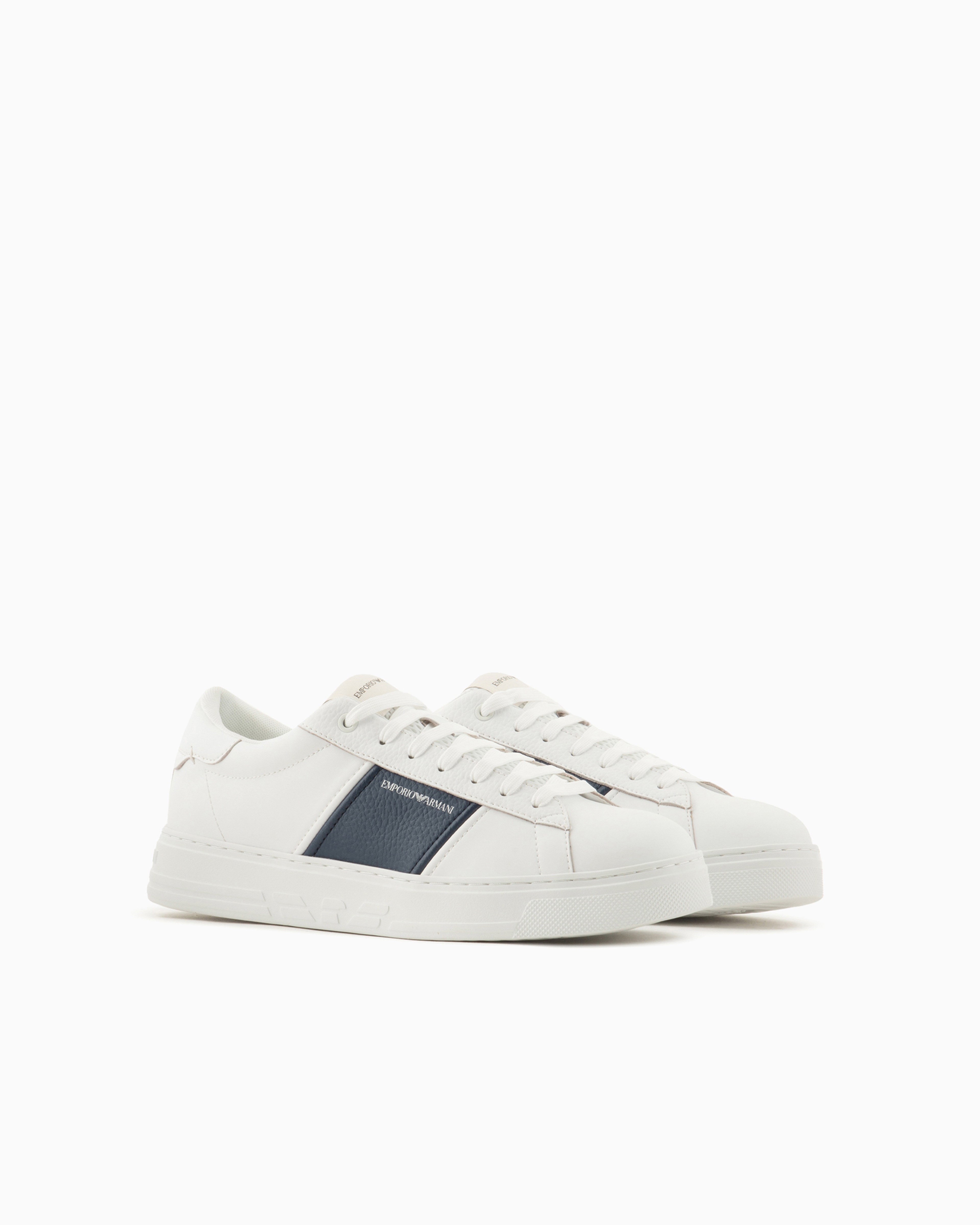 Emporio Armani Calf Leather Grained Texture Sneakers In White