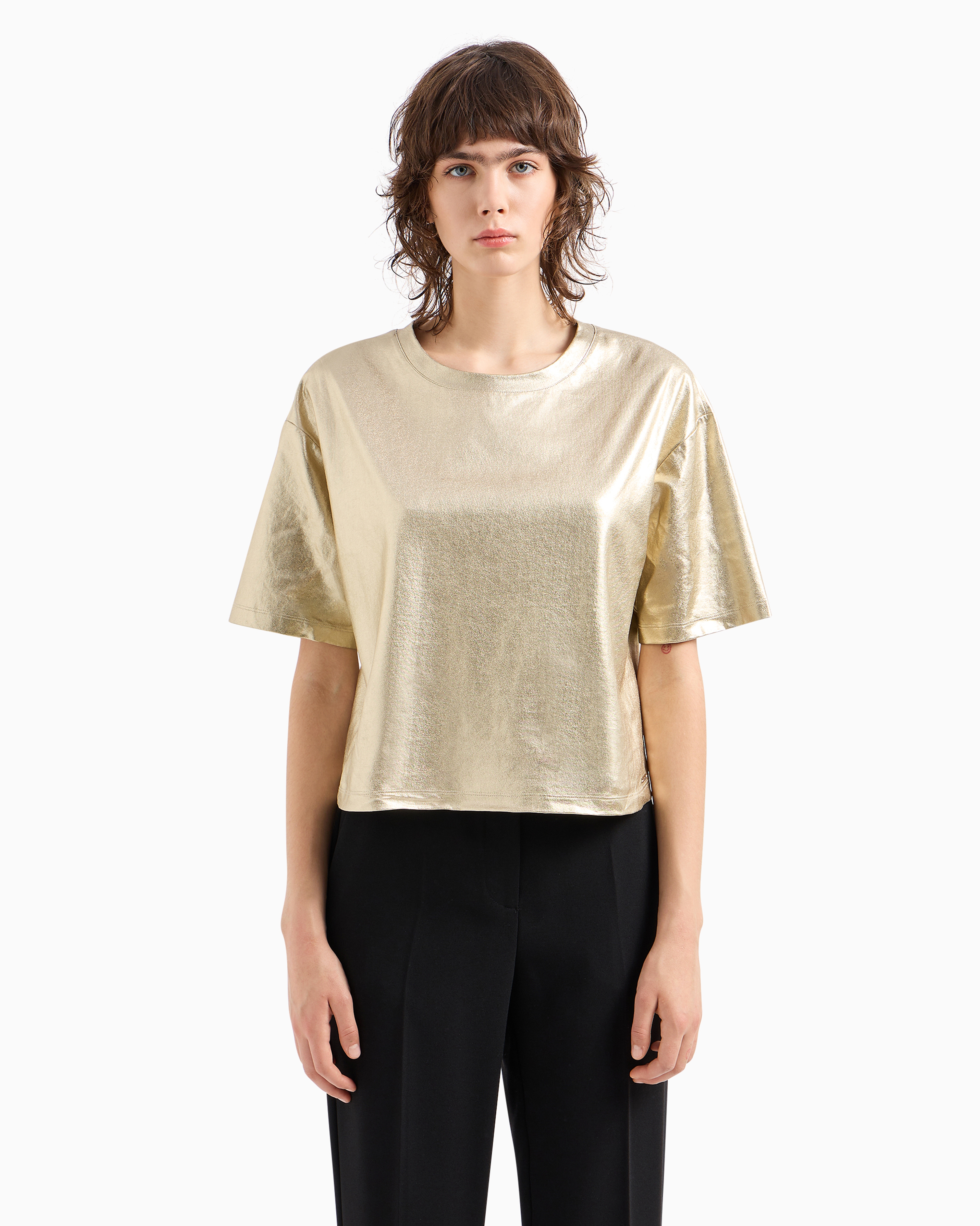 ARMANI EXCHANGE CROPPED FIT T-SHIRT IN METALLIC LUREX 