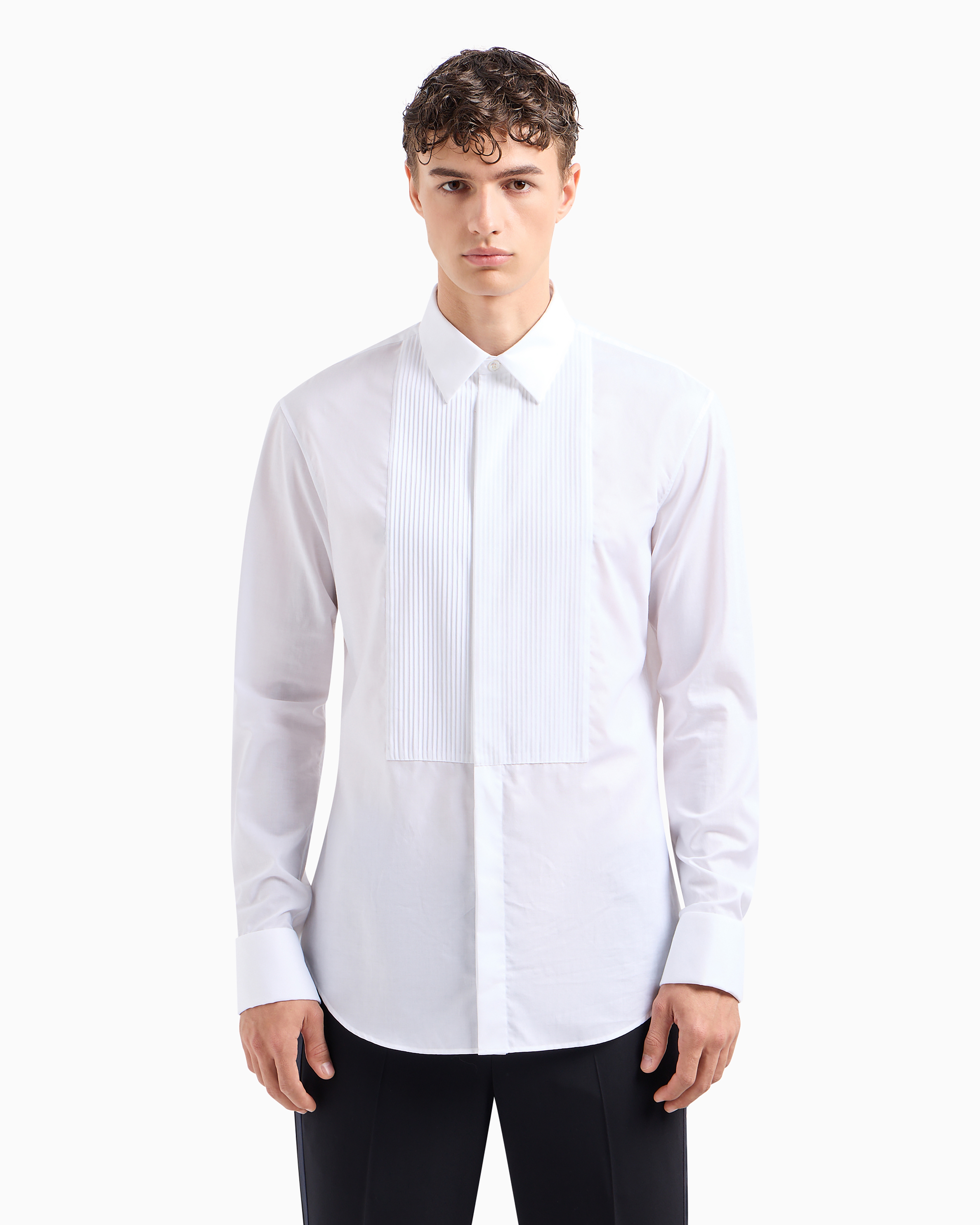 Giorgio Armani Official Store Pleated Cotton Tuxedo Shirt In White