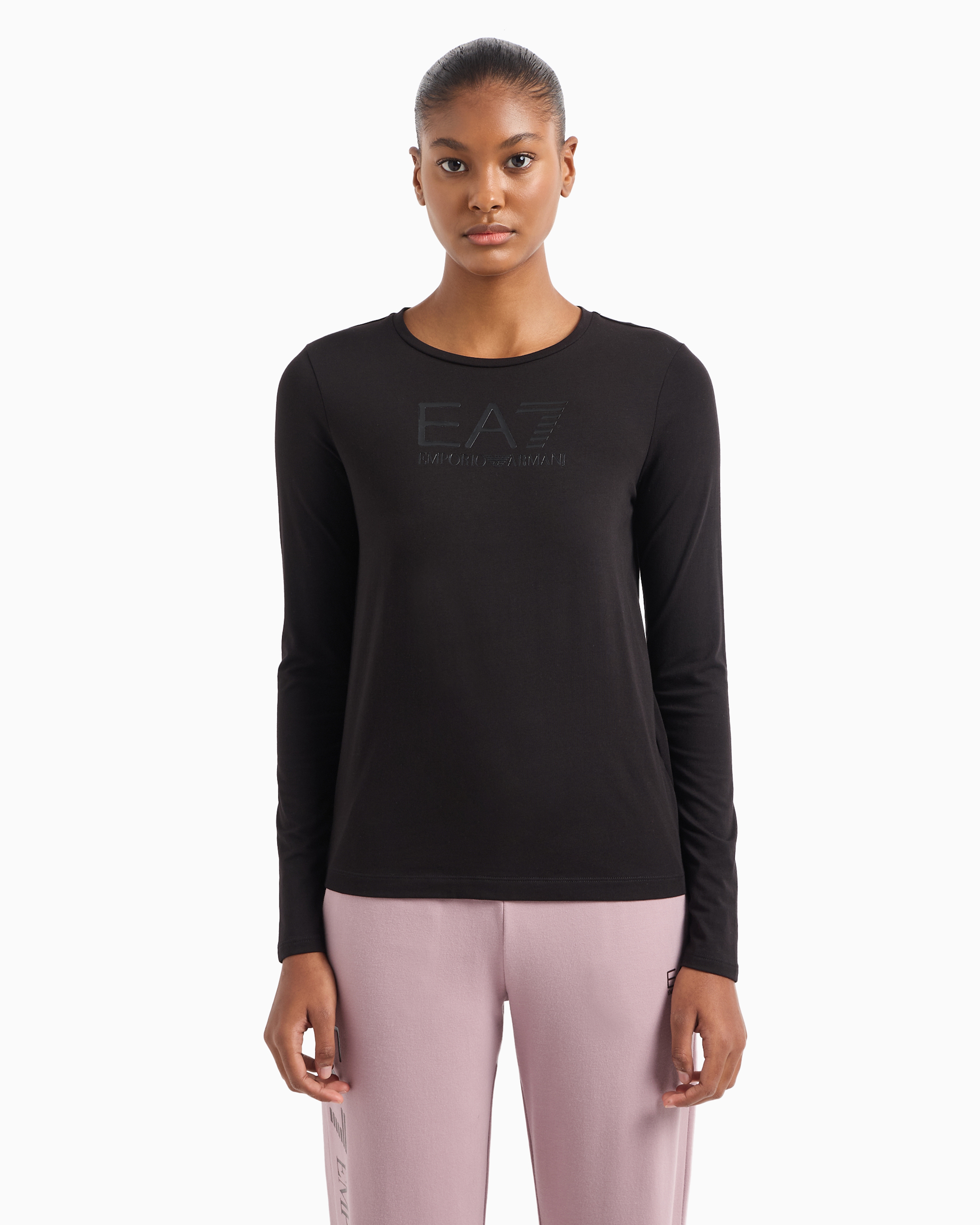 Shop Ea7 Core Lady Stretch-cotton Long-sleeved T-shirt In Noir À Logo