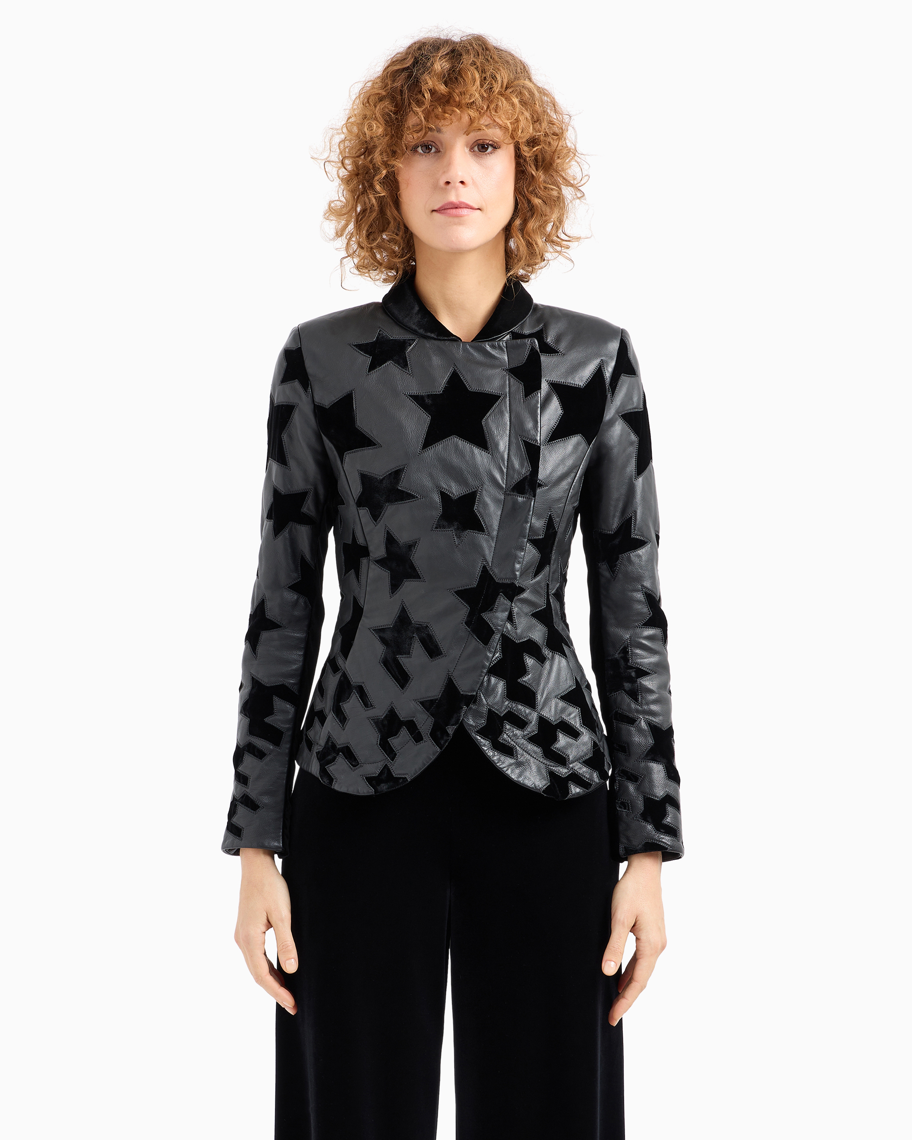 Emporio Armani Official Store Veste En Nappa De Veau Avec Broderie En Velours Capsule Moon In Noir