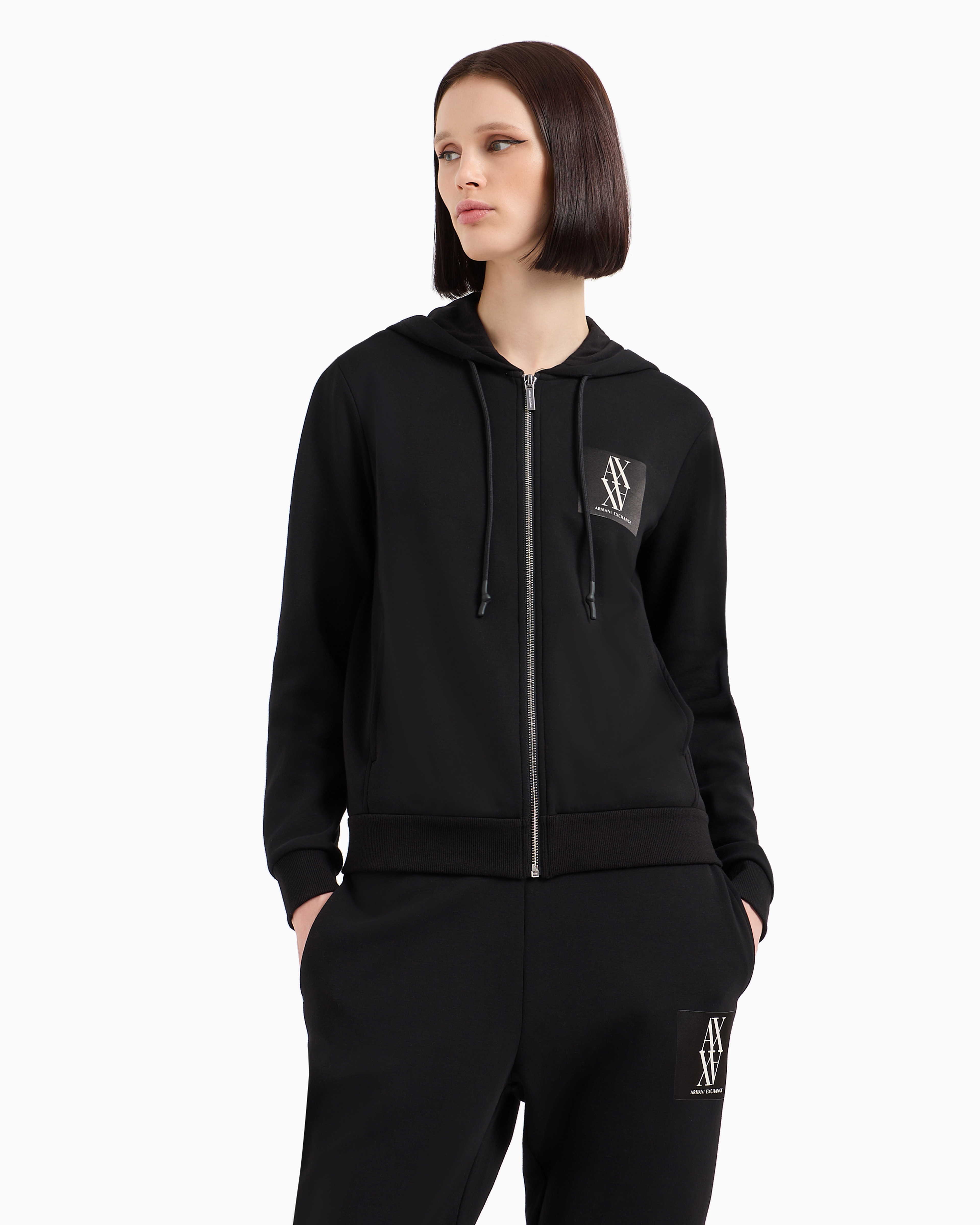 ARMANI EXCHANGE ZIP-UP HOODIE WITH MONOGRAM LOGO PATCH