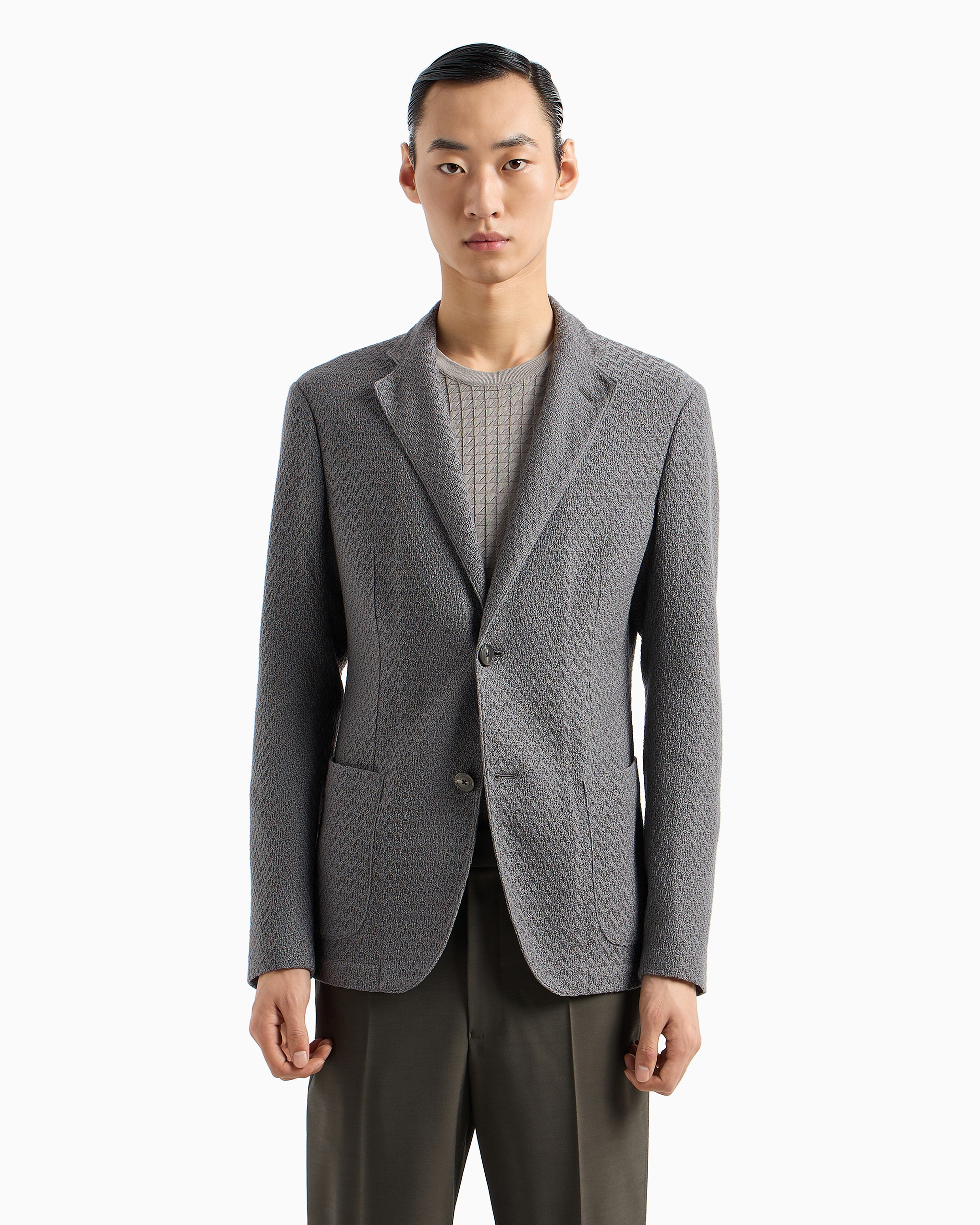 Emporio Armani Textured Single-breasted Blazer In Grey