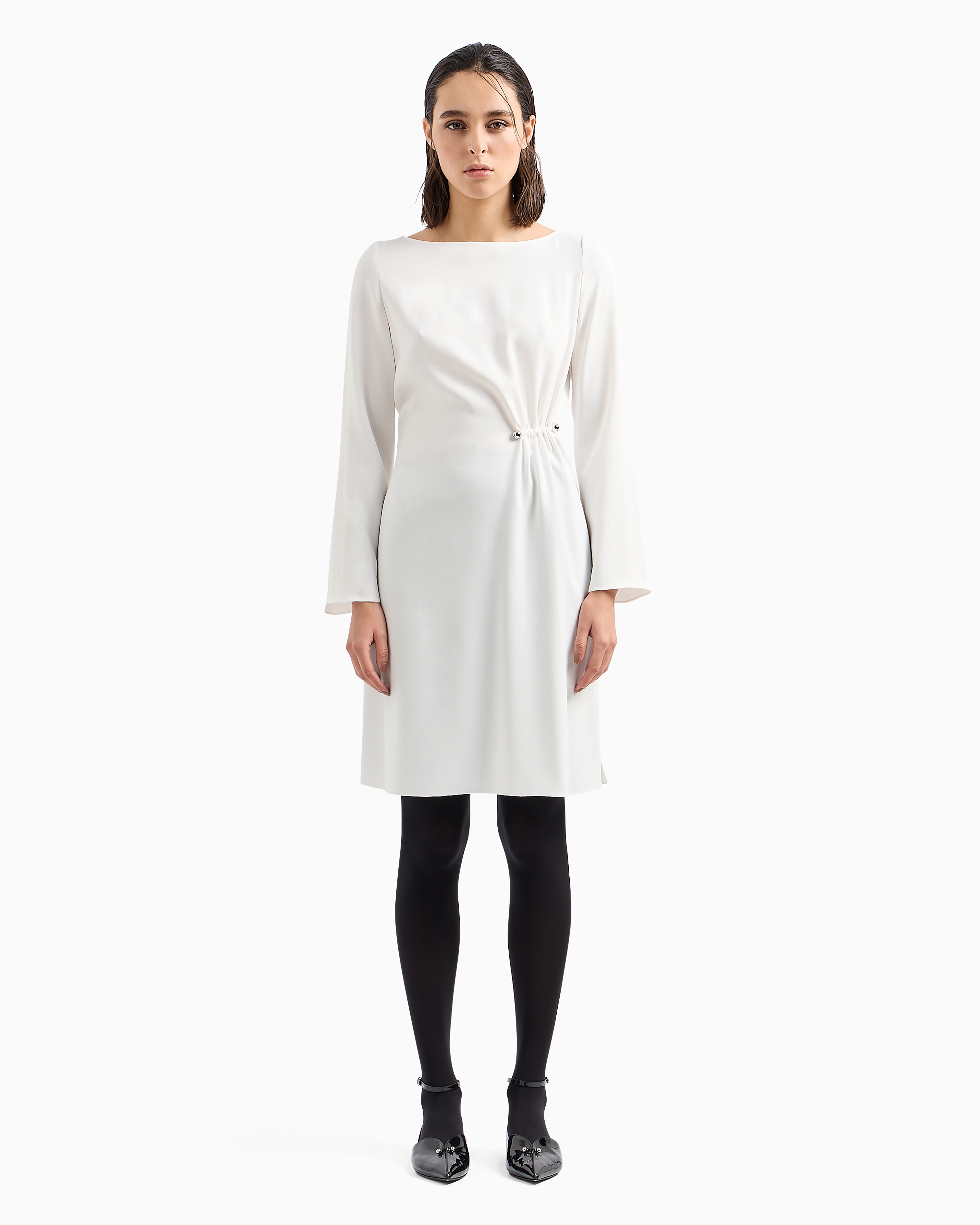 Shop Emporio Armani Draped Envers Satin Tunic Dress With Piercing-style Closure In White