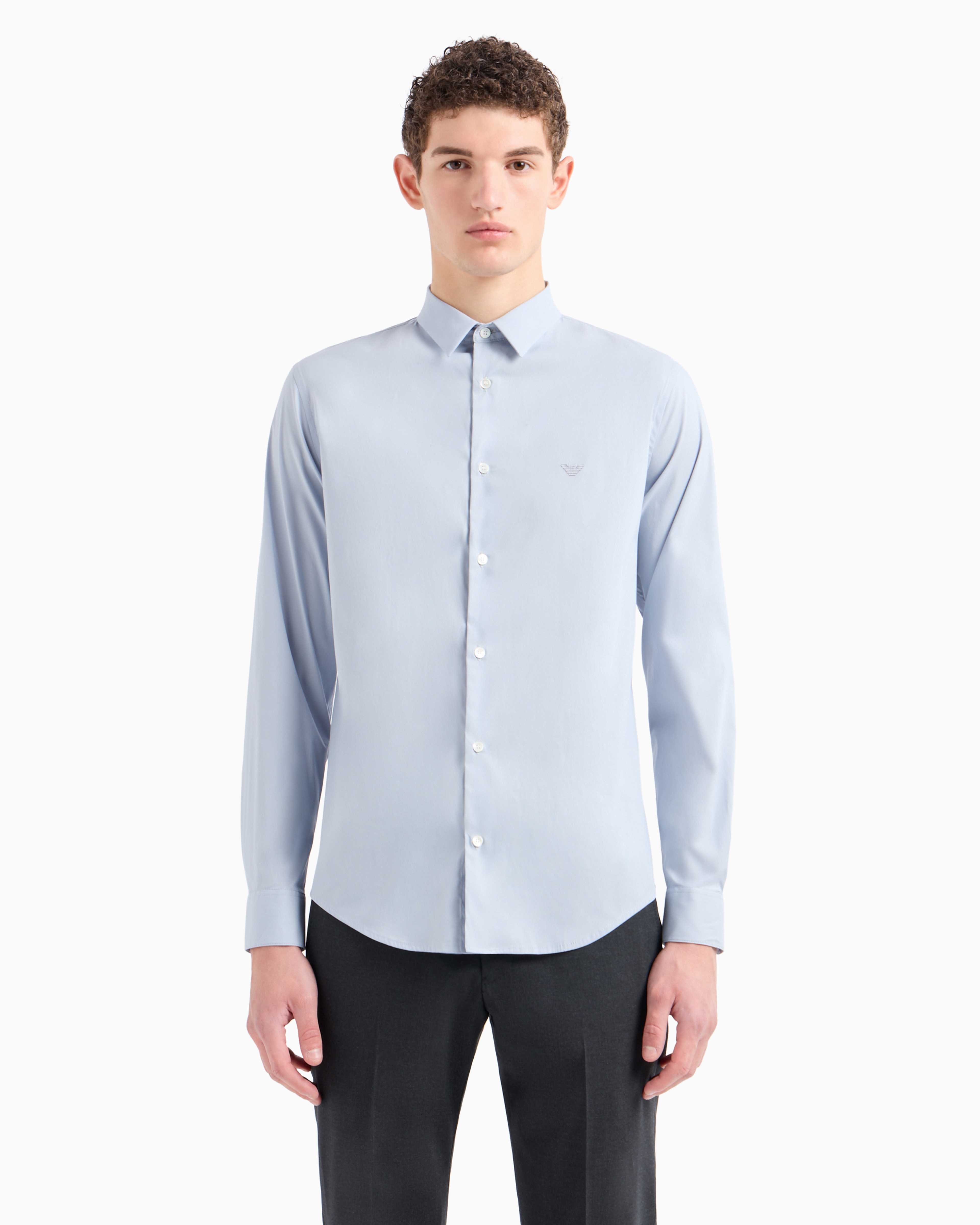 Emporio Armani Stretch Nylon-blend Shirt With Embroidered Eagle In Azure