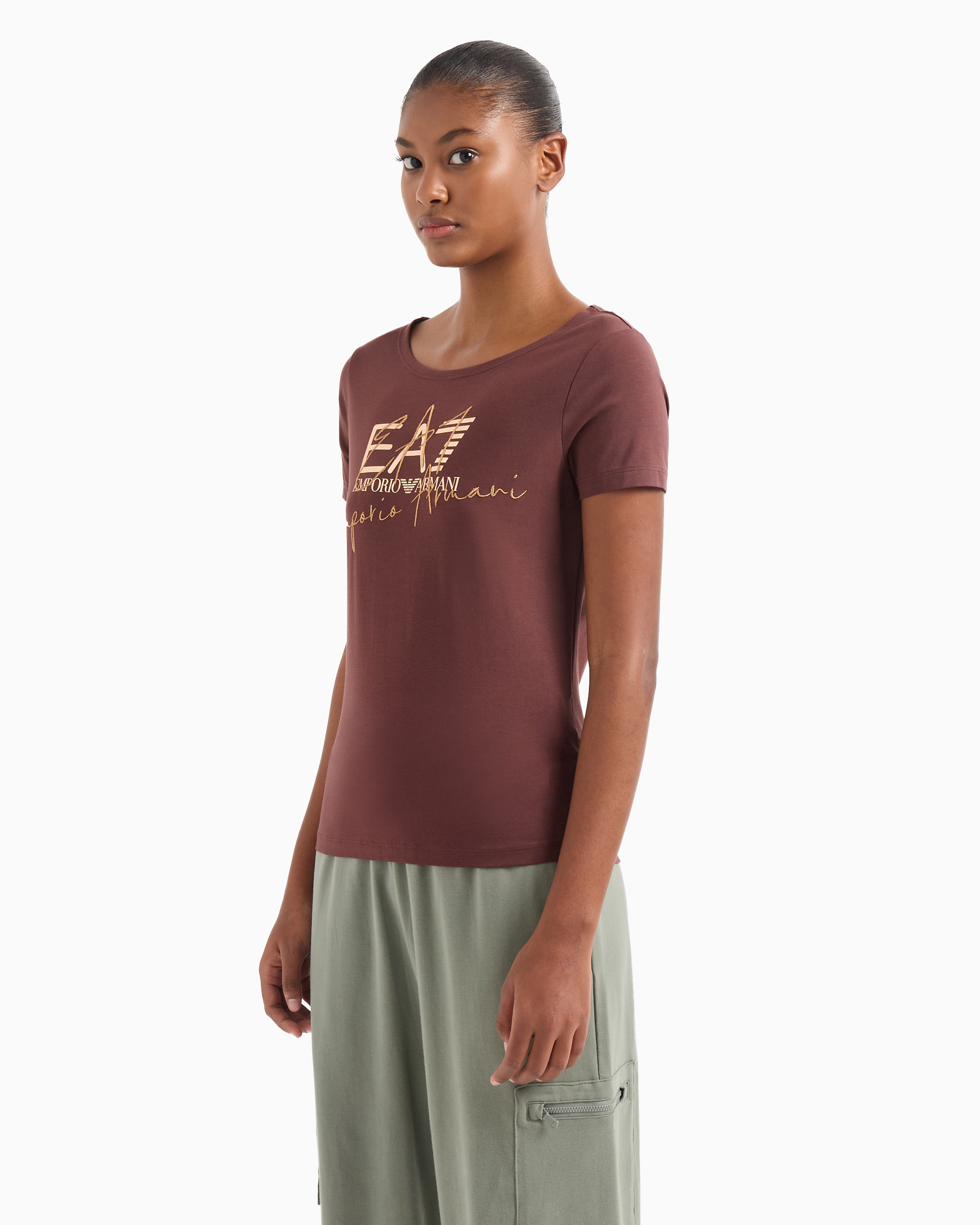 Shop Ea7 Logo Series Stretch-cotton Crew-neck T-shirt In Marron