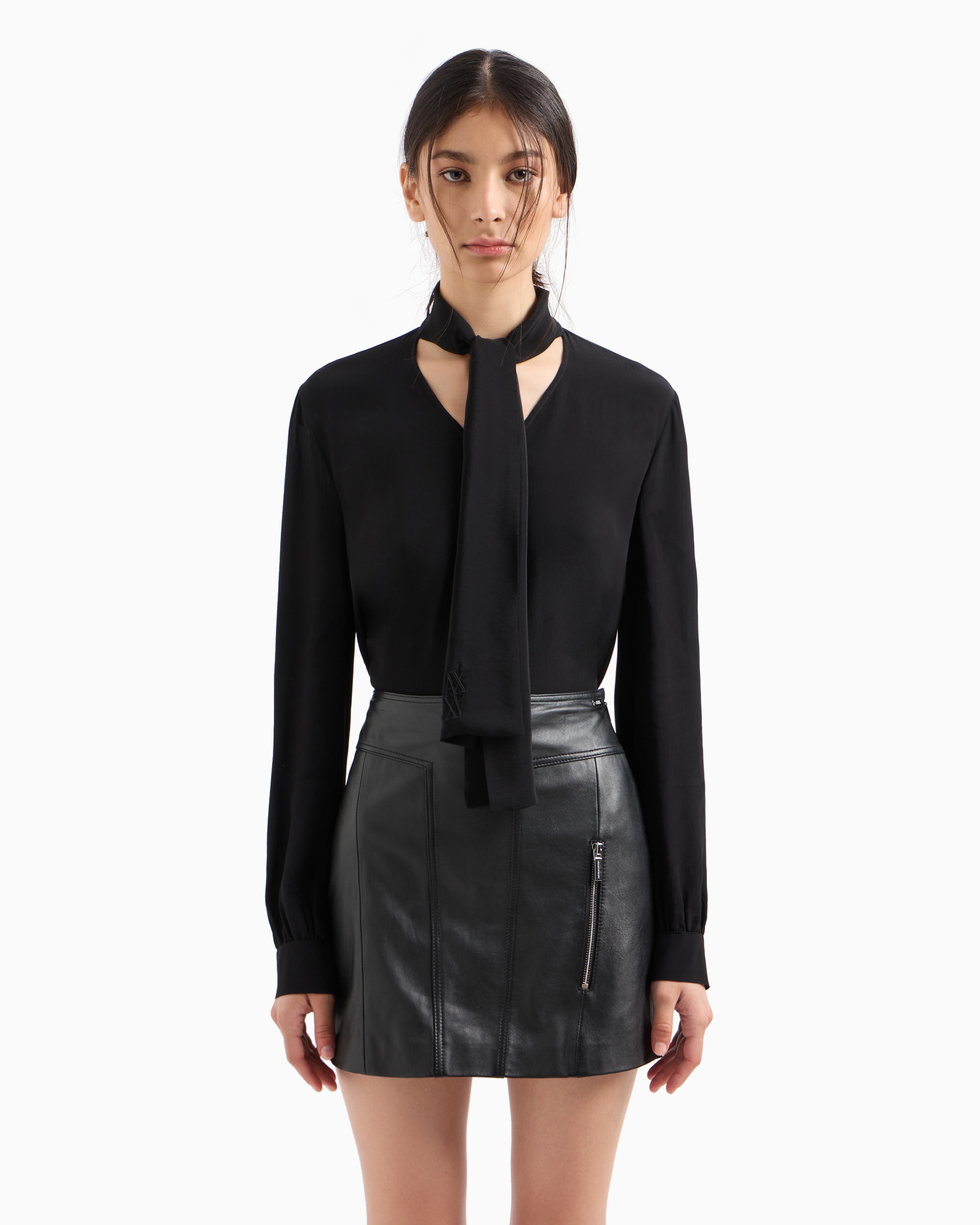 Shop Armani Exchange Crepe De Chine Shirt With Bow In Black