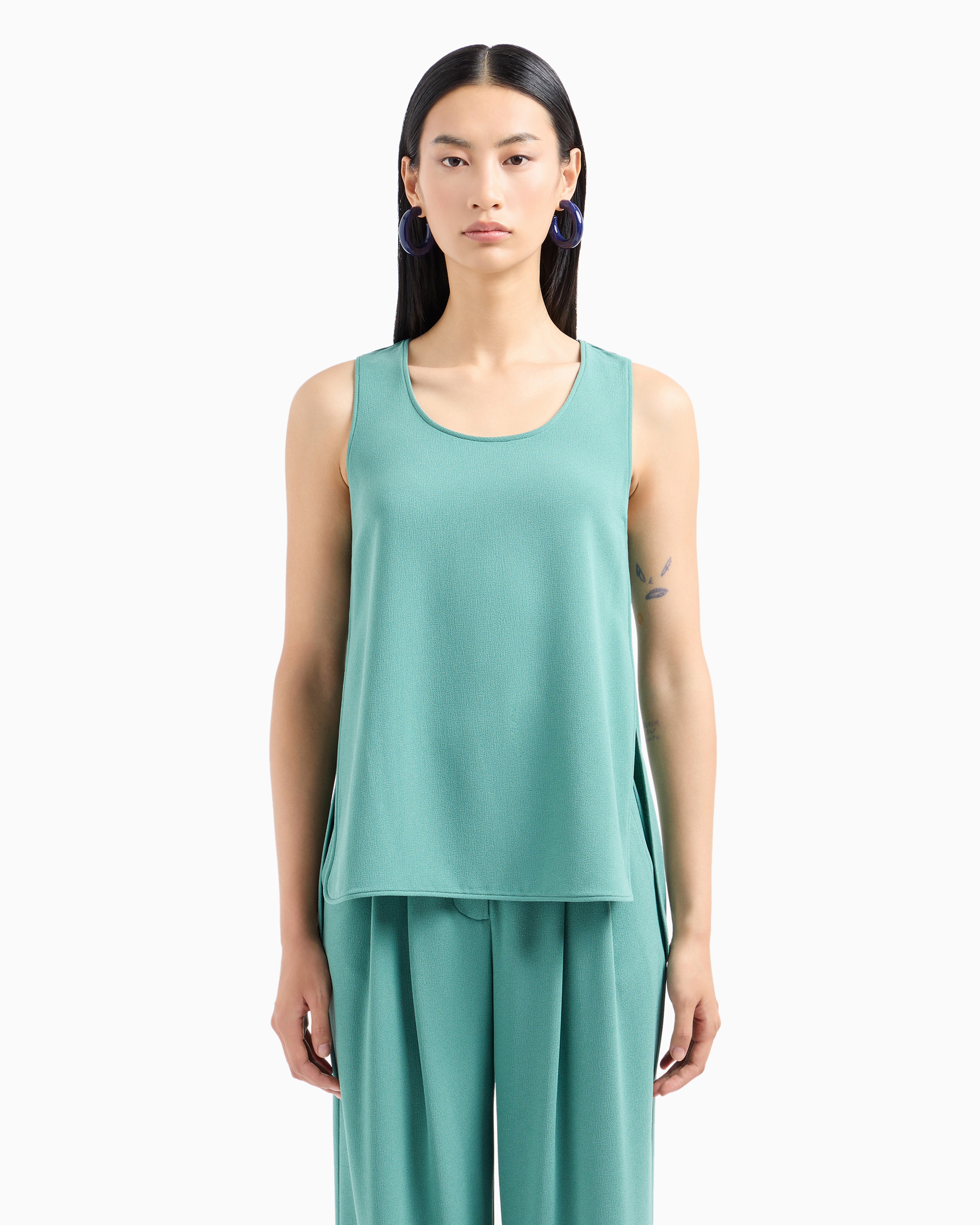 Emporio Armani Stretch Sablé Fabric Top With Side Slits In Green