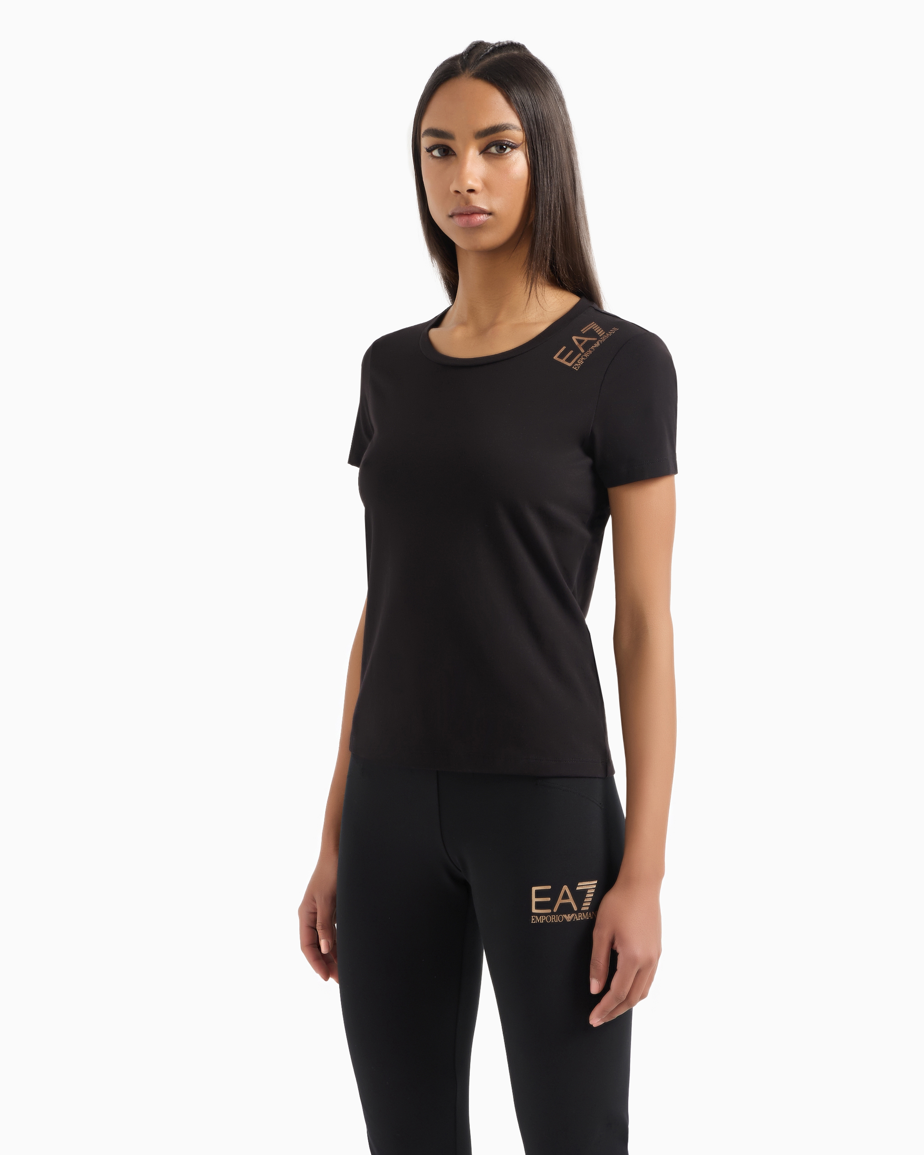 Shop Ea7 Core Lady Stretch-cotton Short-sleeved T-shirt In Schwarz 1