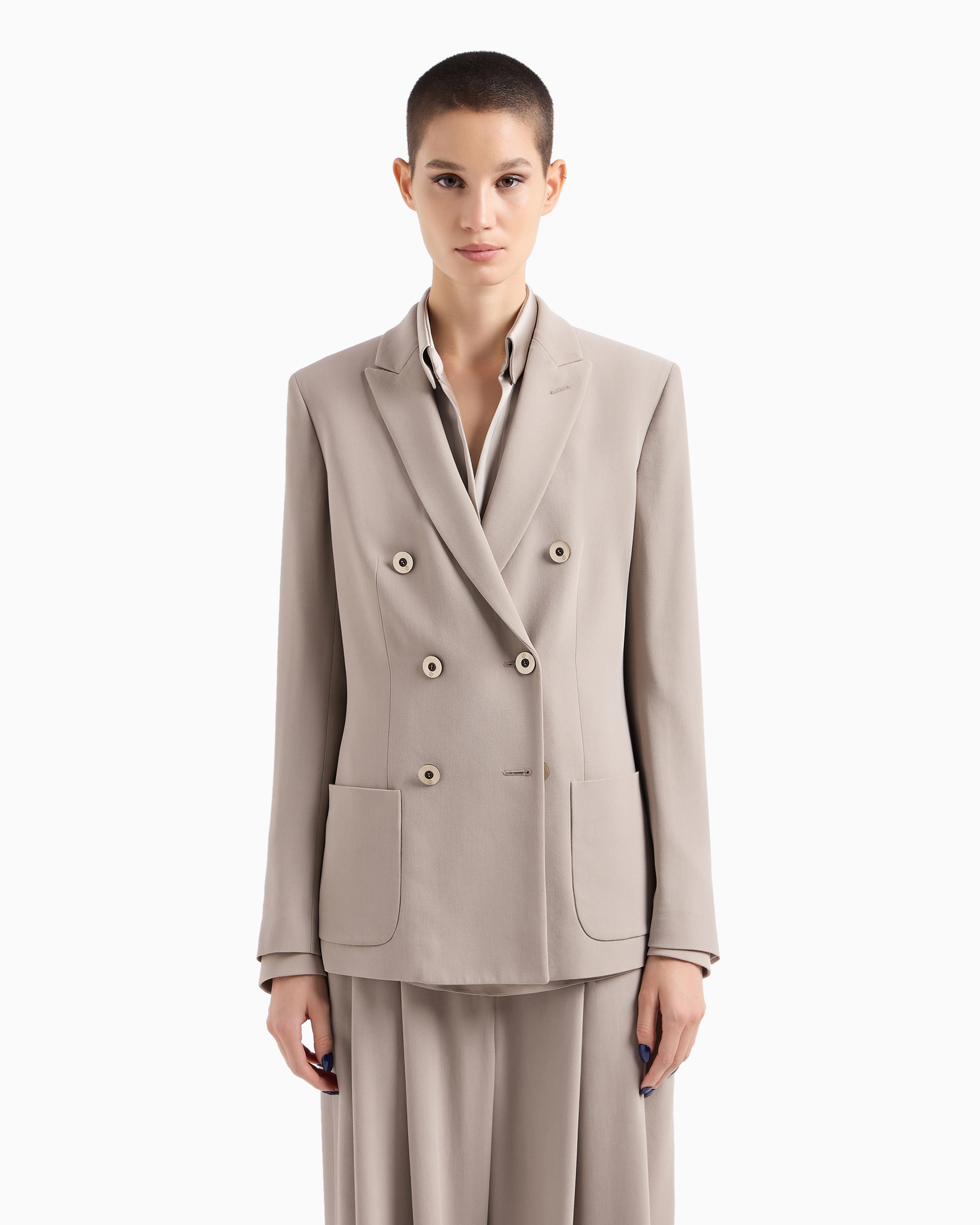 Shop Giorgio Armani Washed Silk Double-breasted Jacket In Beige