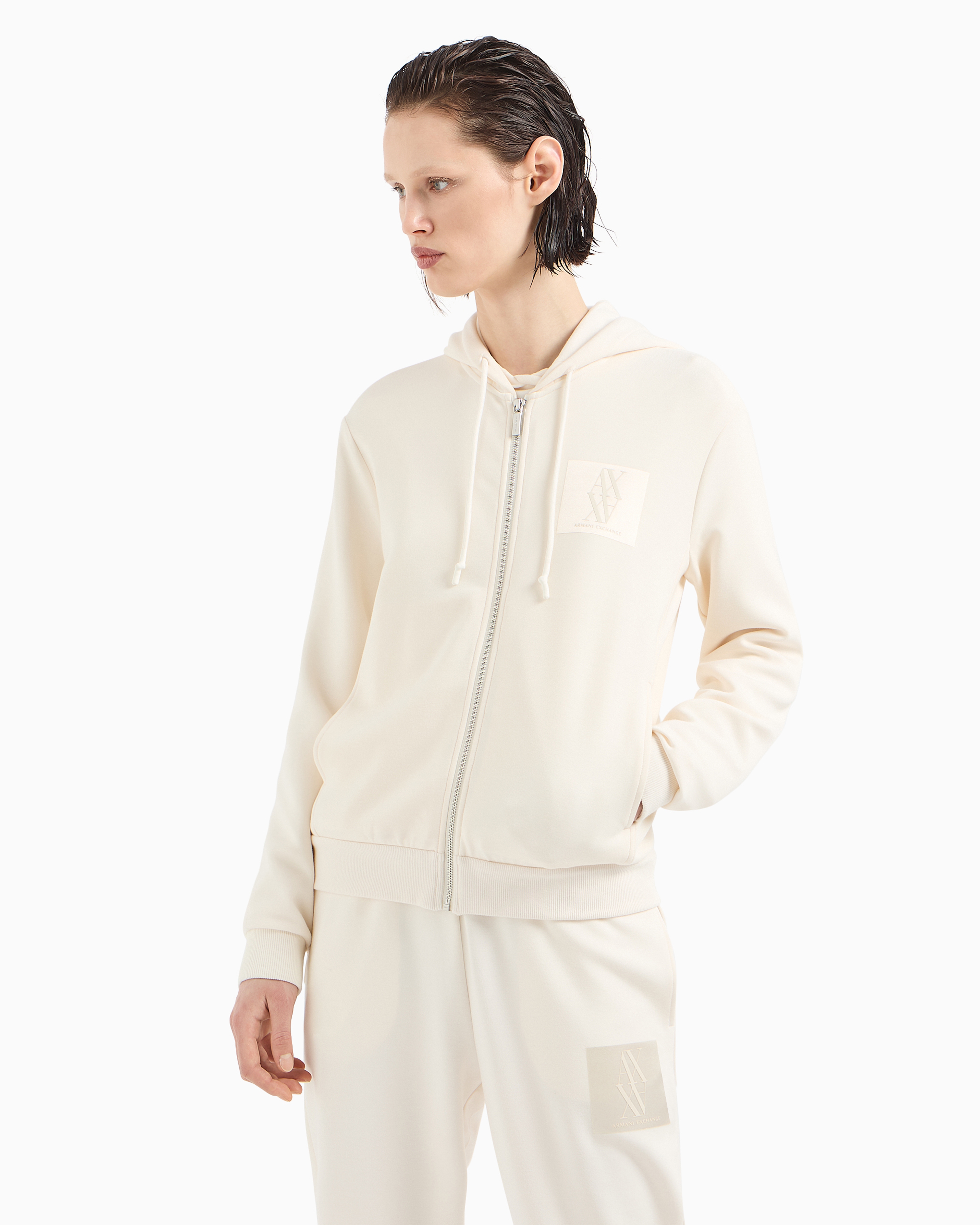 Shop Armani Exchange Zip-up Hoodie With Monogram Logo Patch In White