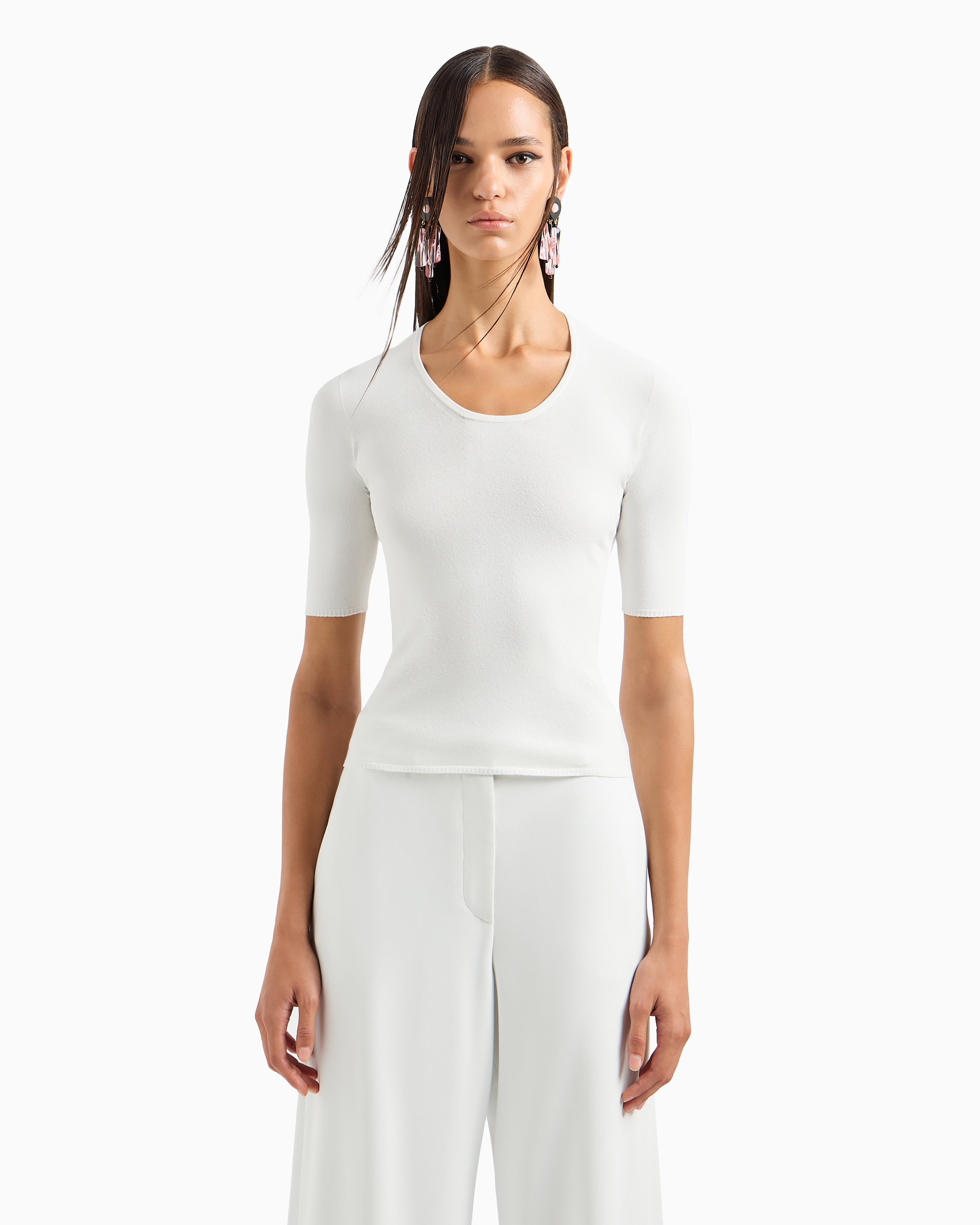 Giorgio Armani Official Store Viscose And Wool Blend Jacquard Crew-neck Jumper In White