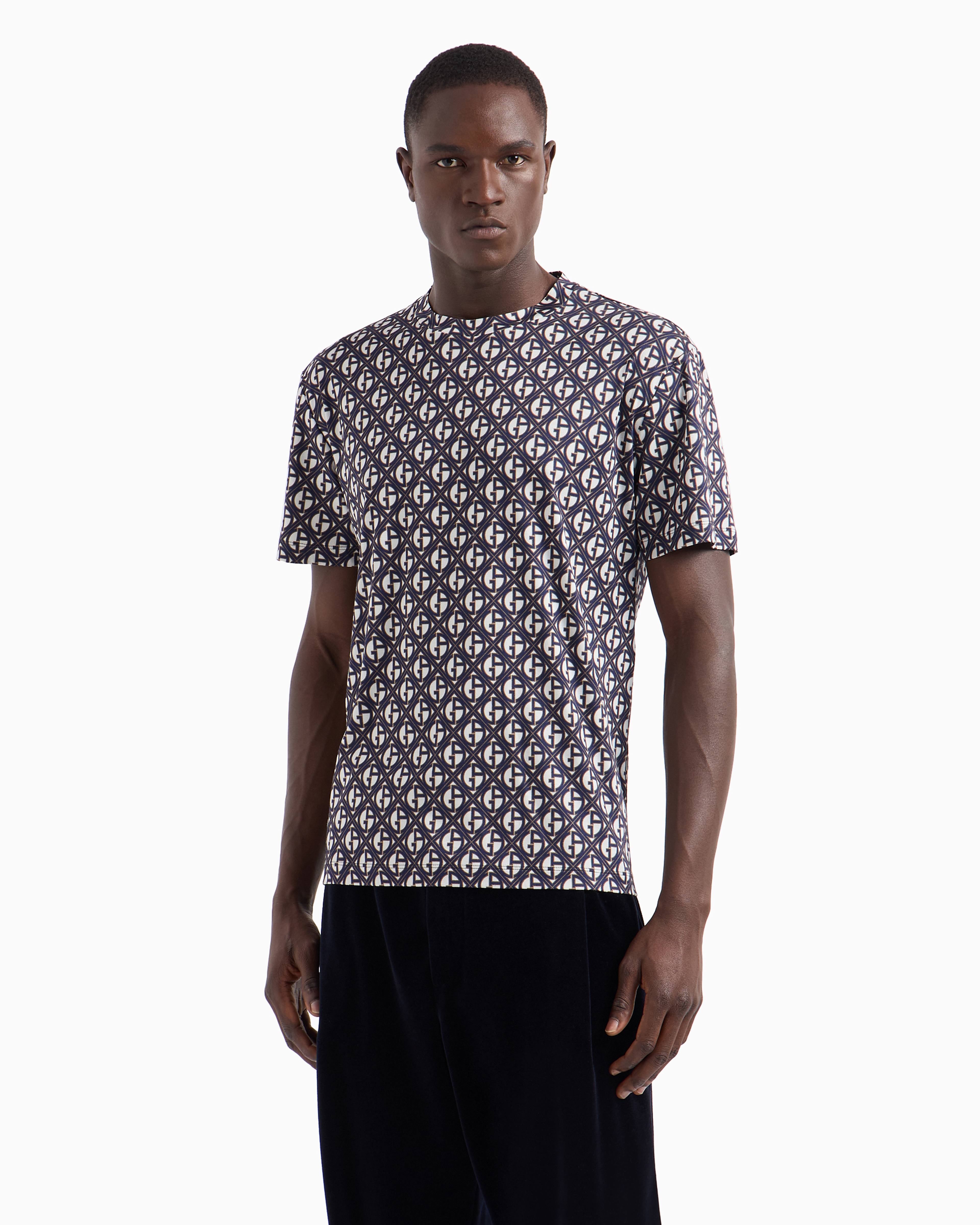 Shop Giorgio Armani Crew-neck T-shirt In Monogrammed Silk And Cotton In Pattern