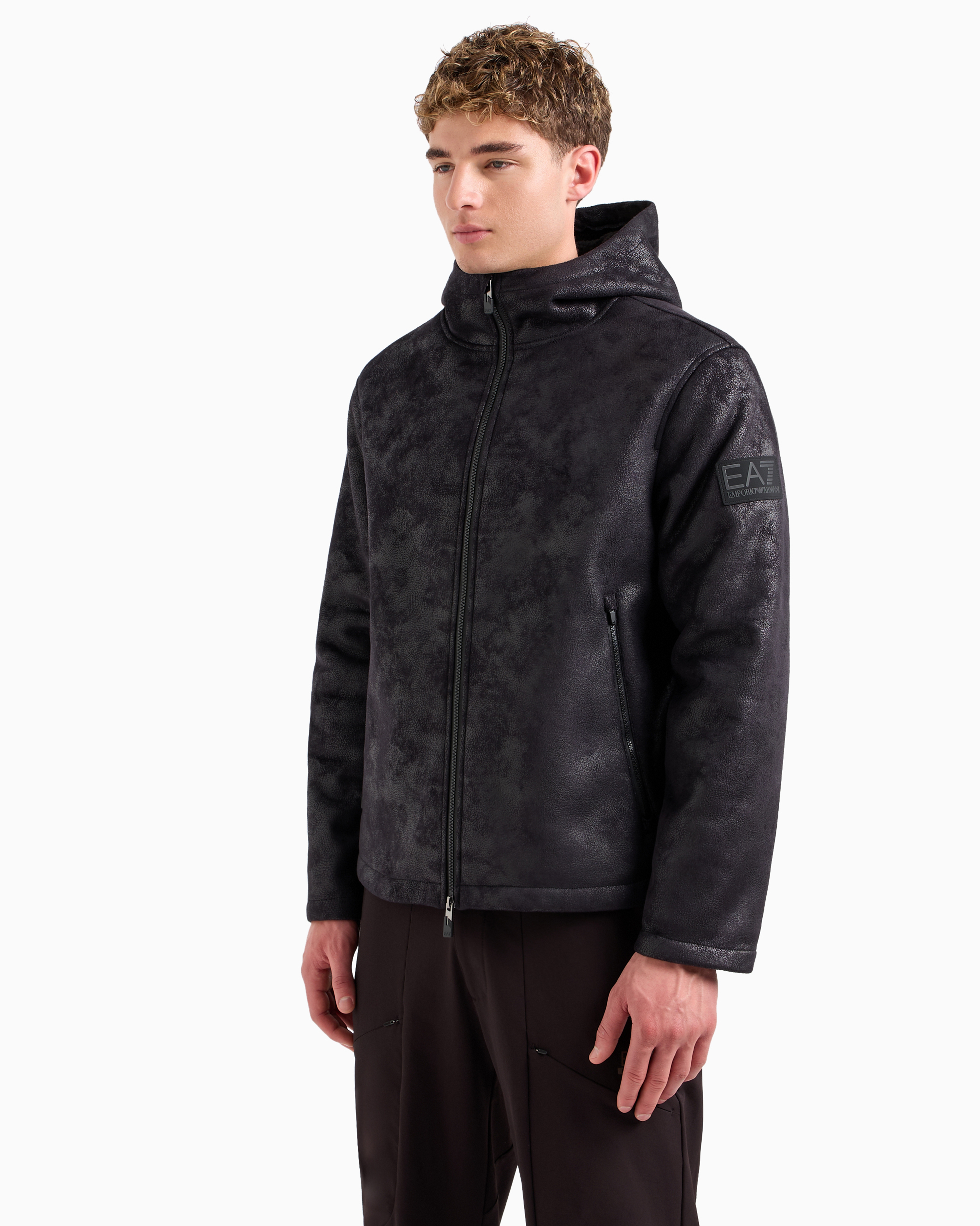 Shop Ea7 Leather-effect Fabric And Nylon Hooded Jacket In Black