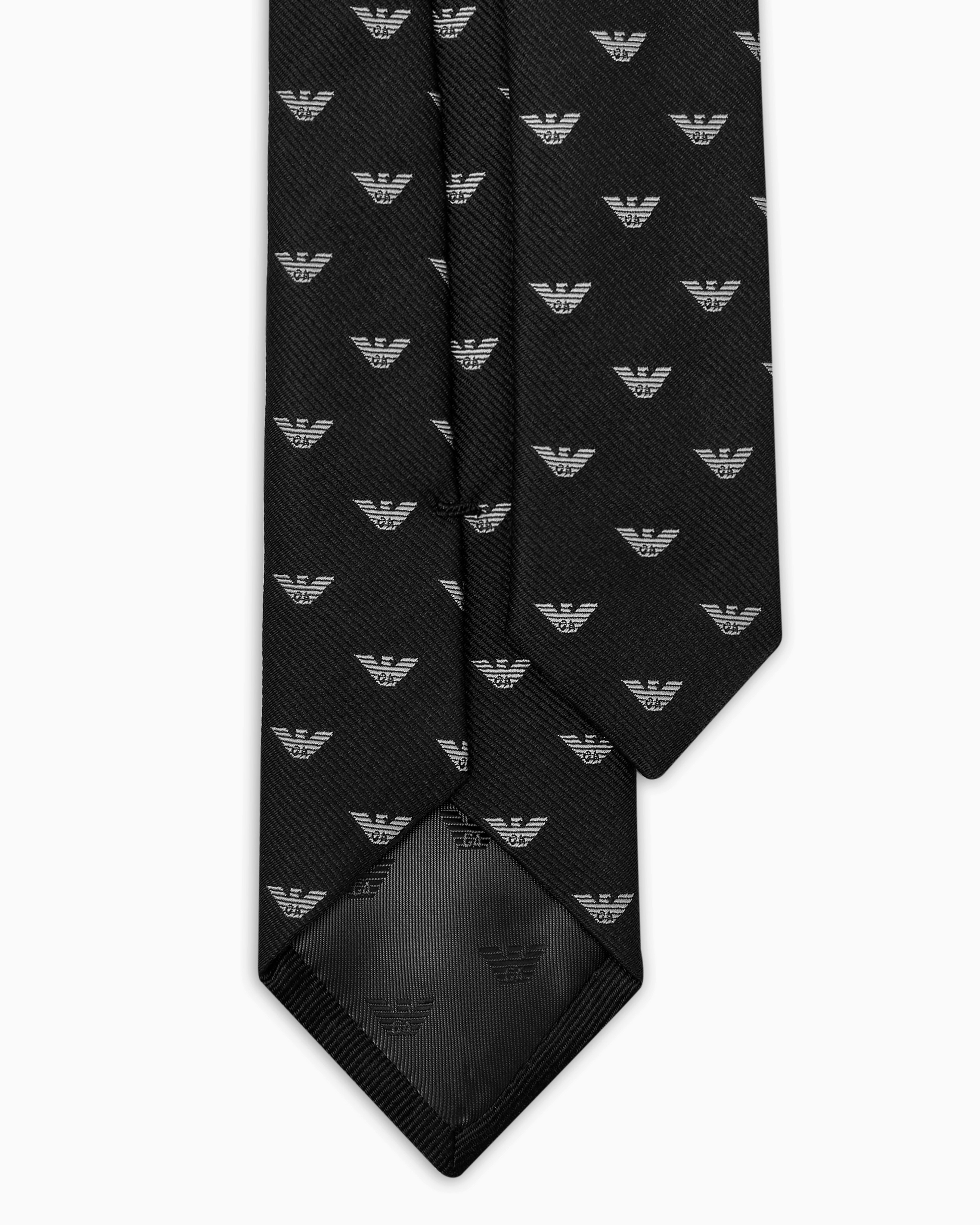 Emporio Armani Official Store Pure Silk Tie With All-over Jacquard Micro-eagle In Black