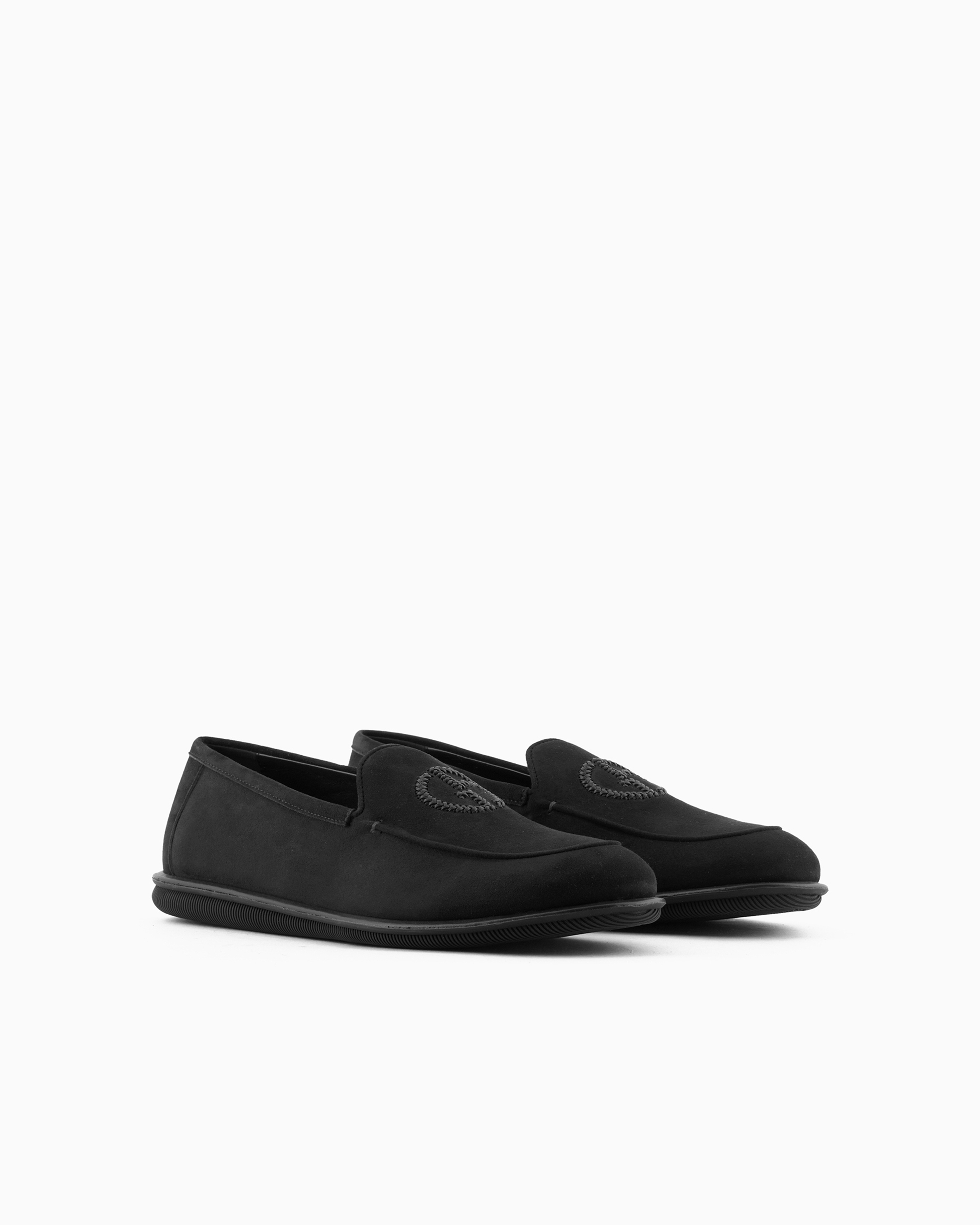 Giorgio Armani Official Store Suede Loafers With Embroidered Logo In Black