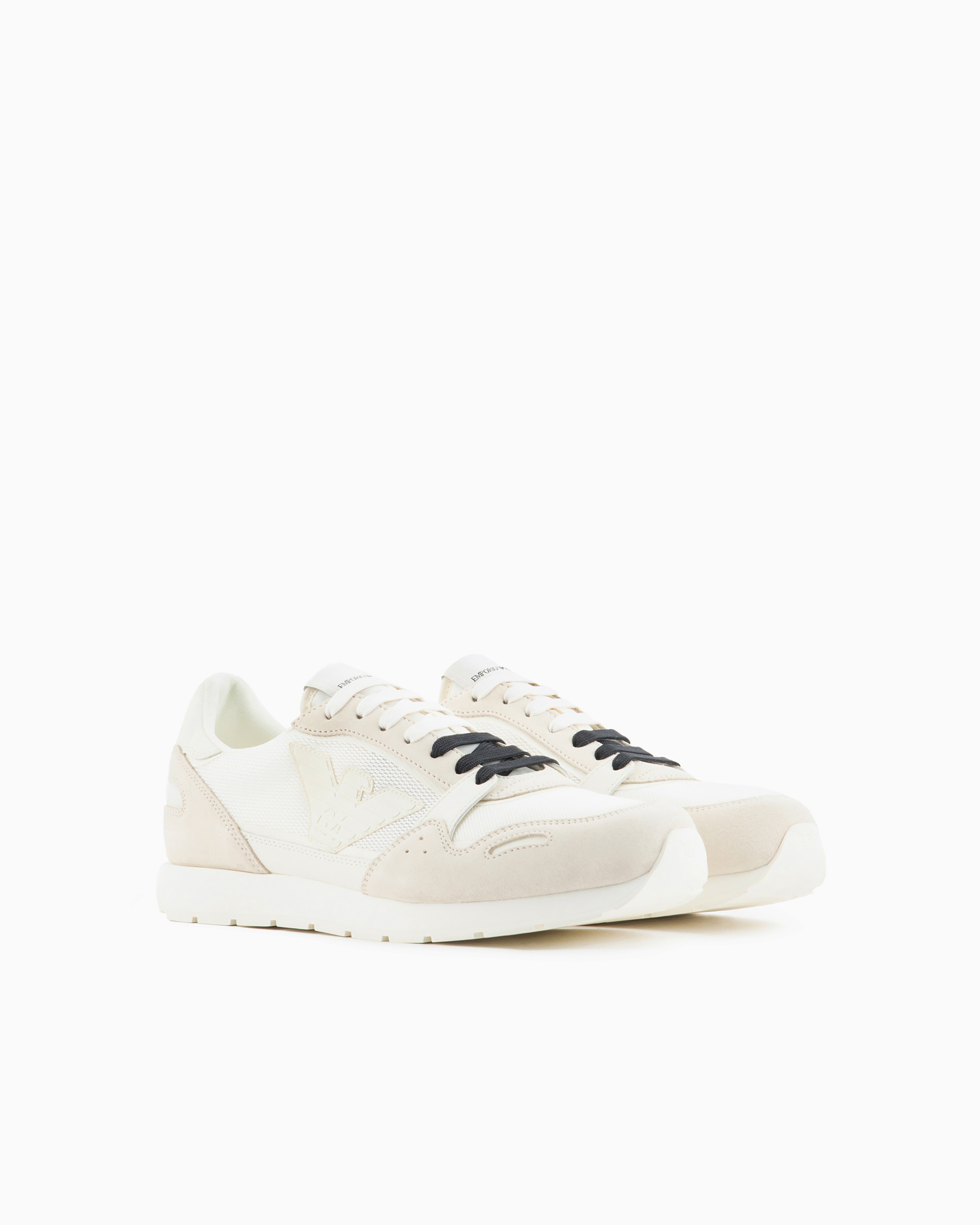 Emporio Armani Official Store Mesh Sneakers With Suede Details And Eagle Patch In White Logo