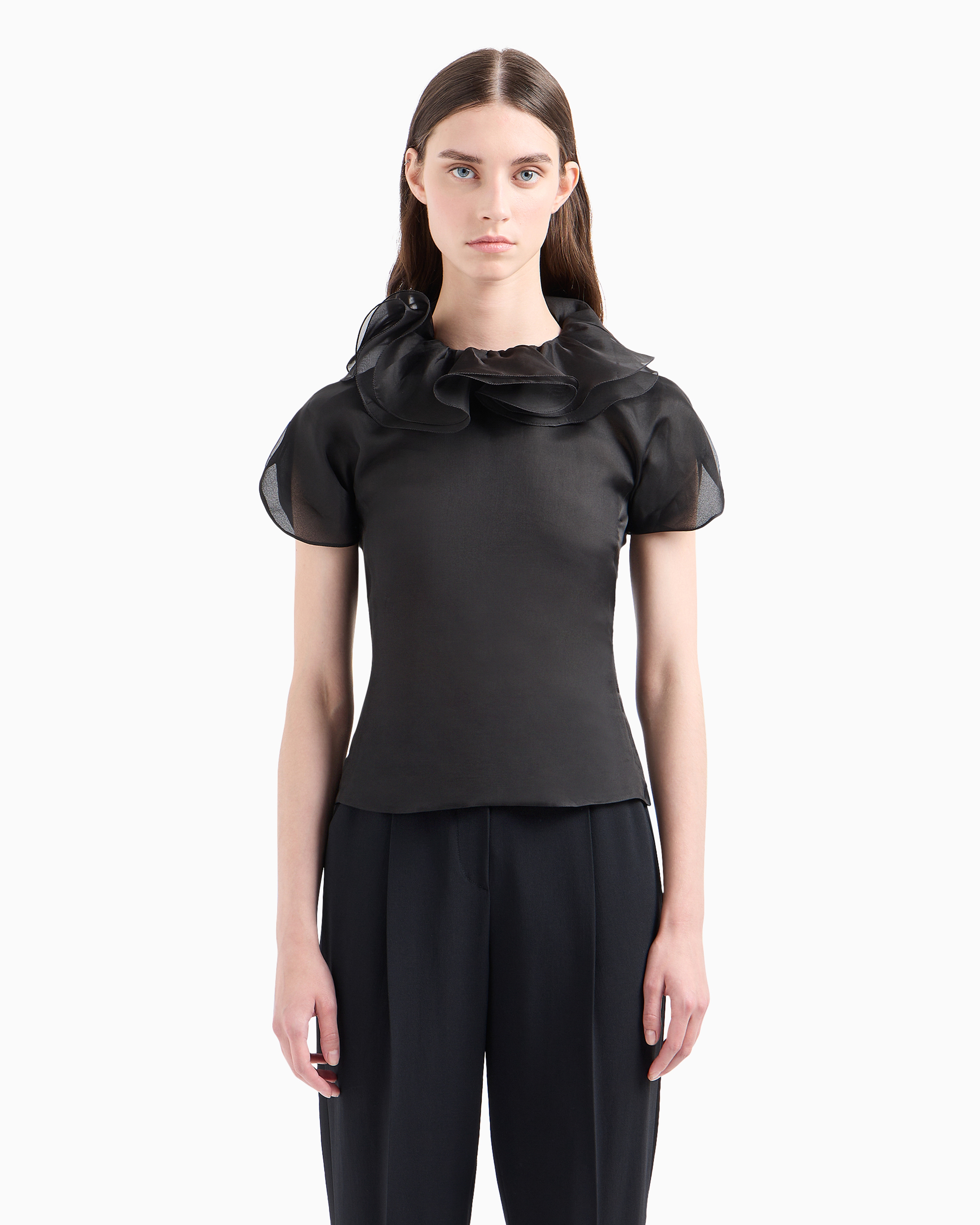 Emporio Armani Official Store Moon Capsule Collection Silk Organza Blouse With Petal Collar And Ruffles In Black