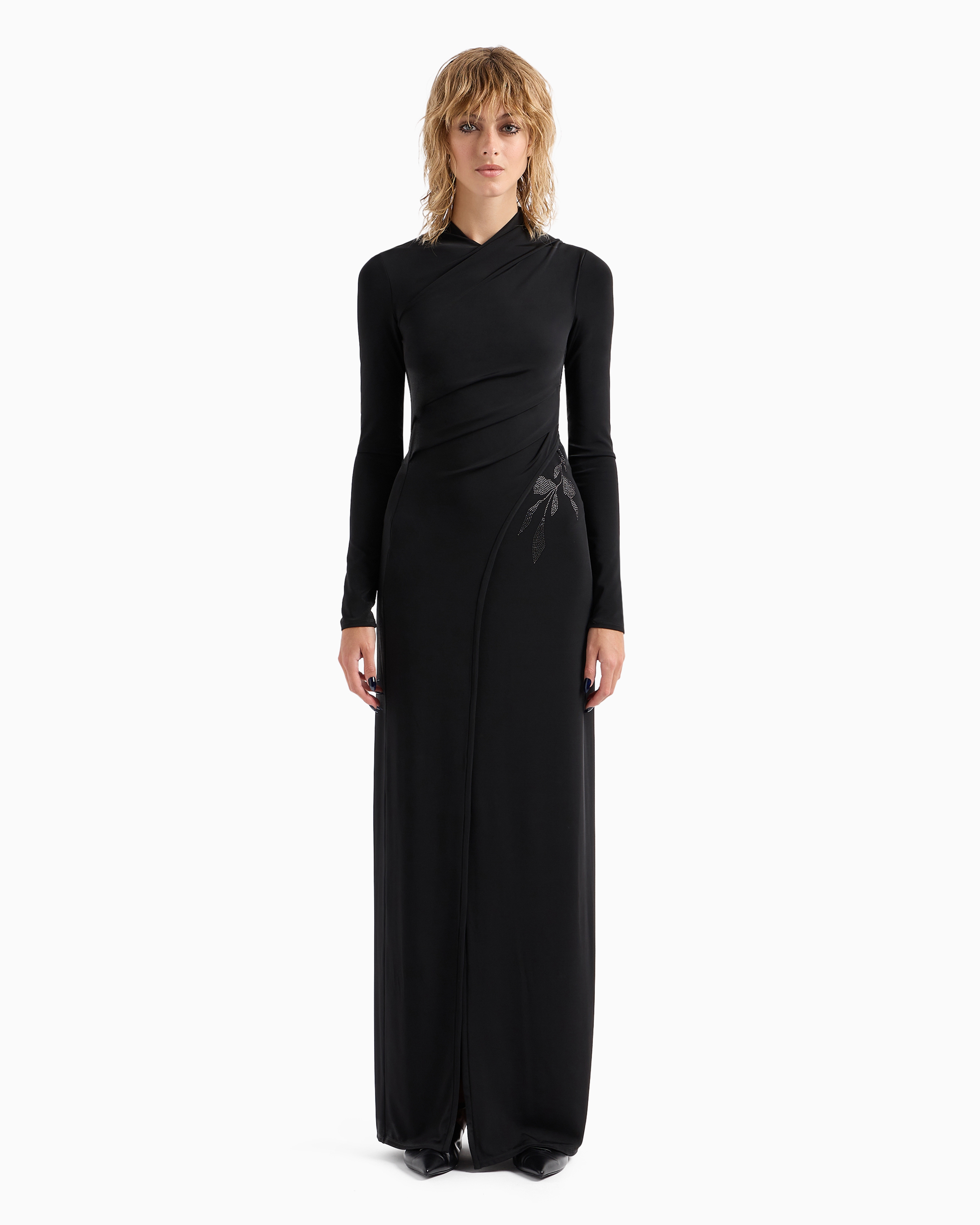 Giorgio Armani Official Store Asv Long Dress In Stretch Viscose Jersey With Rhinestones In Black