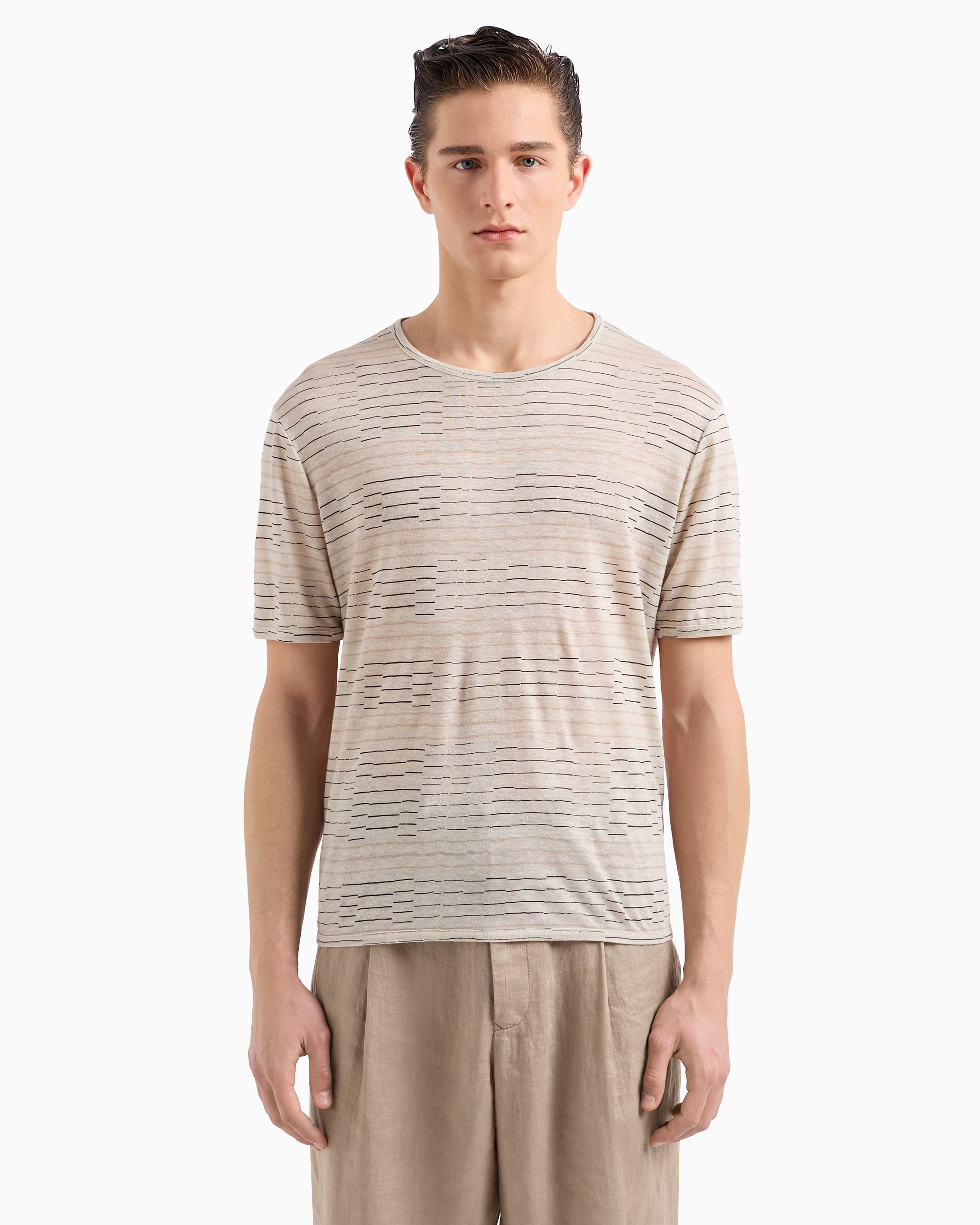 GIORGIO ARMANI IRREGULAR STRIPED PRINT LINEN CREW-NECK T-SHIRT 