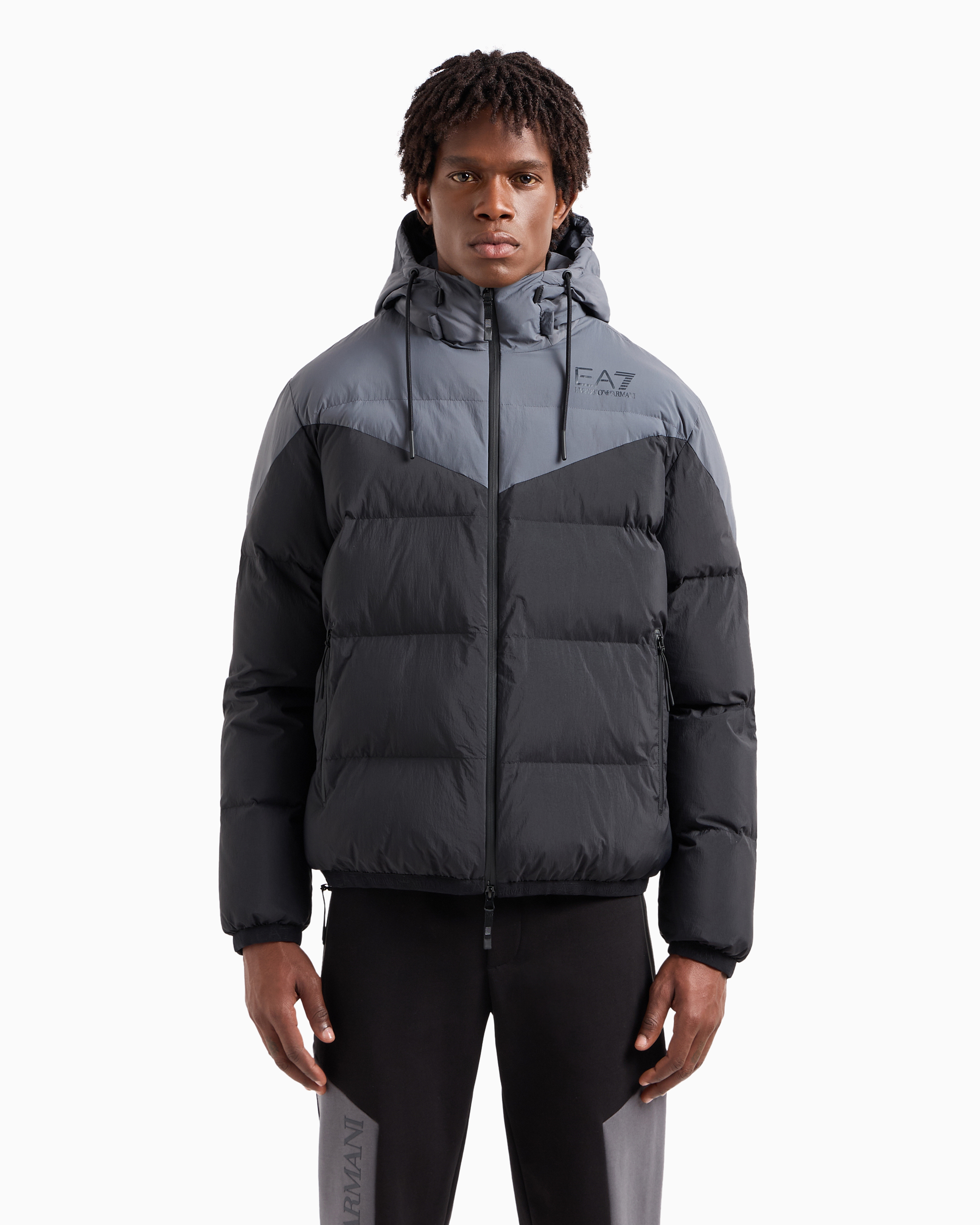 Ea7 Athletic Colour Block Padded Bomber With Hood In Black