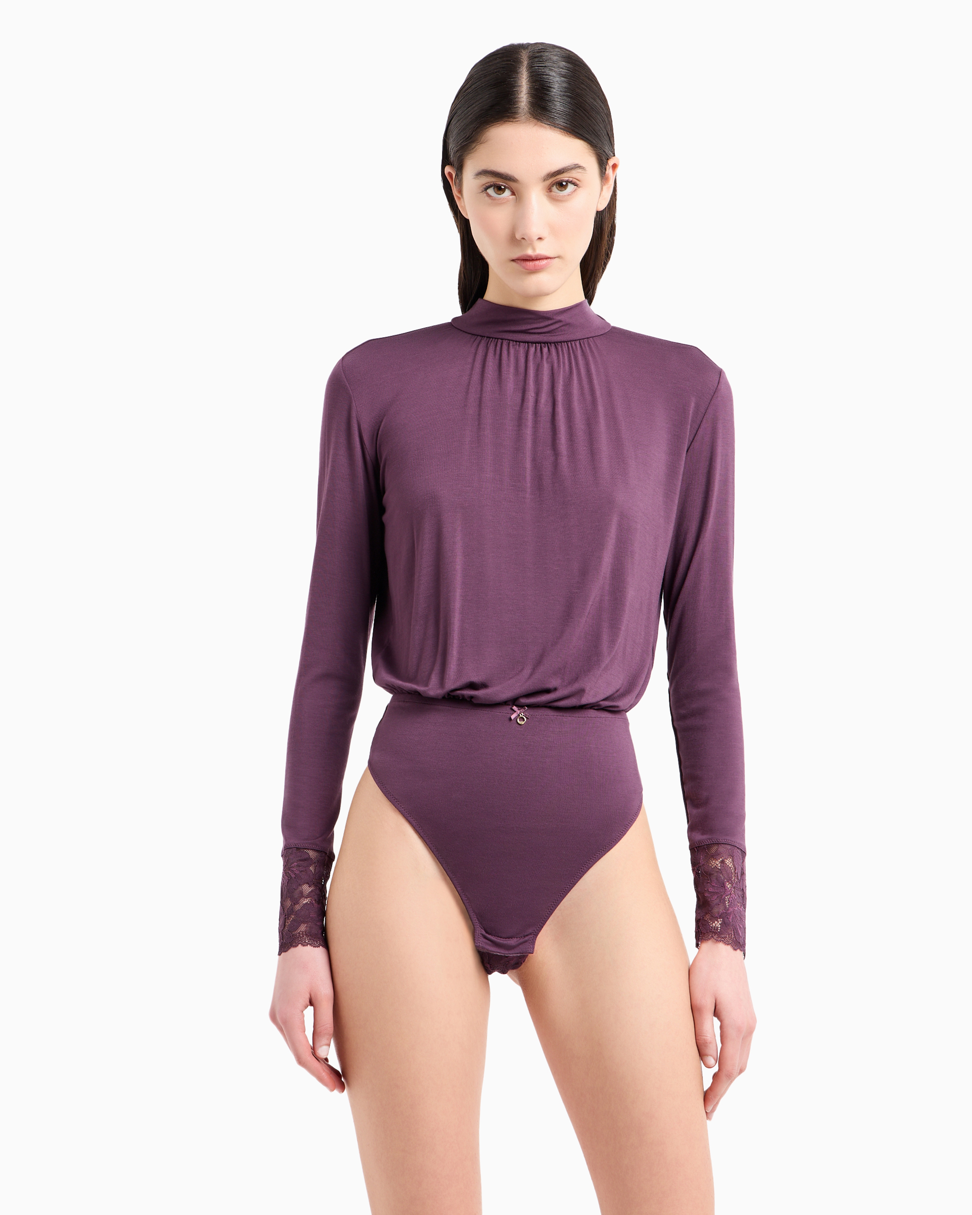 Shop Emporio Armani Asv Loungewear-body Mit Stehkragen Aus Zertifizierter Dreamy Lace Viskose In Violett