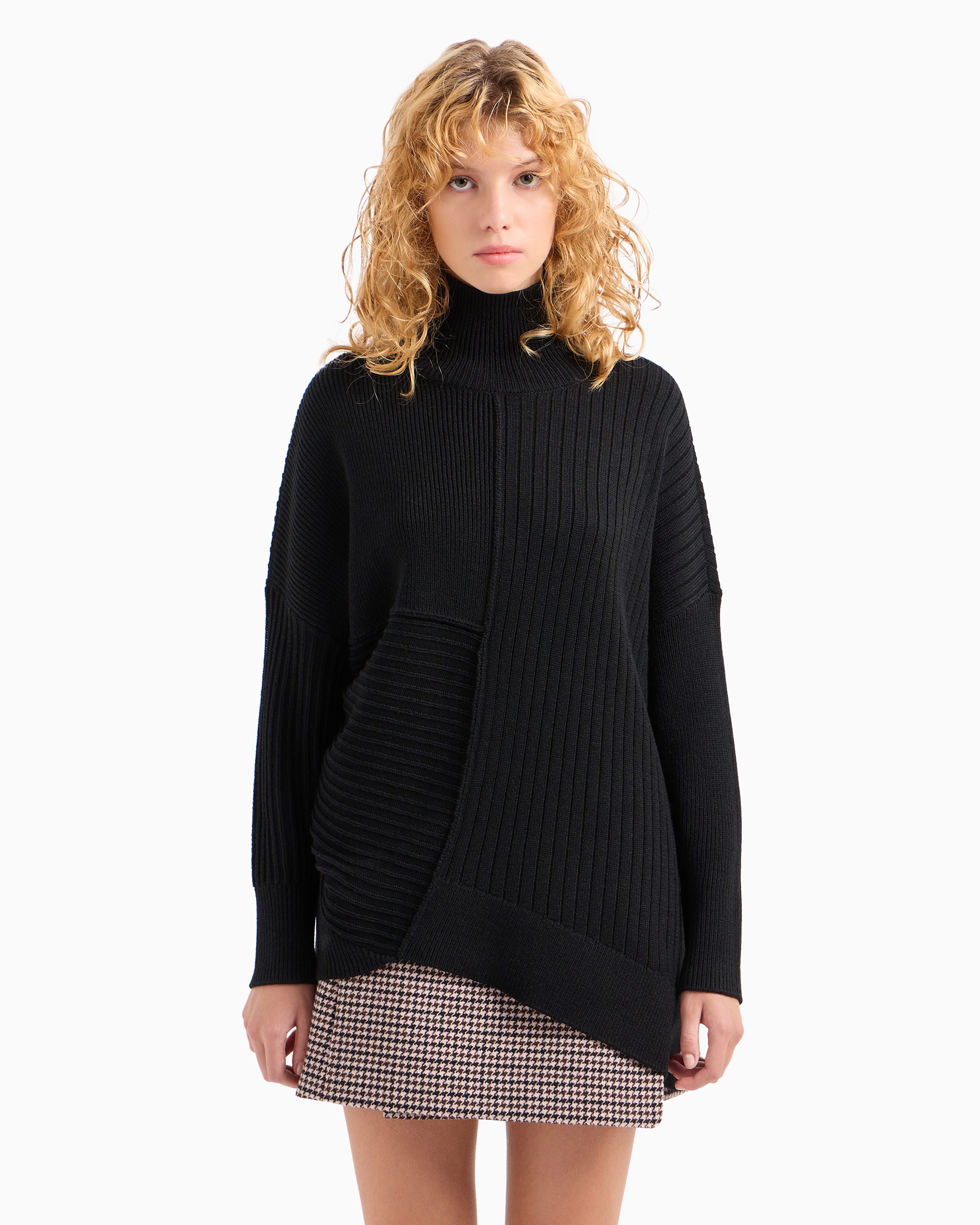 Asymmetrical high neck knitted sweater