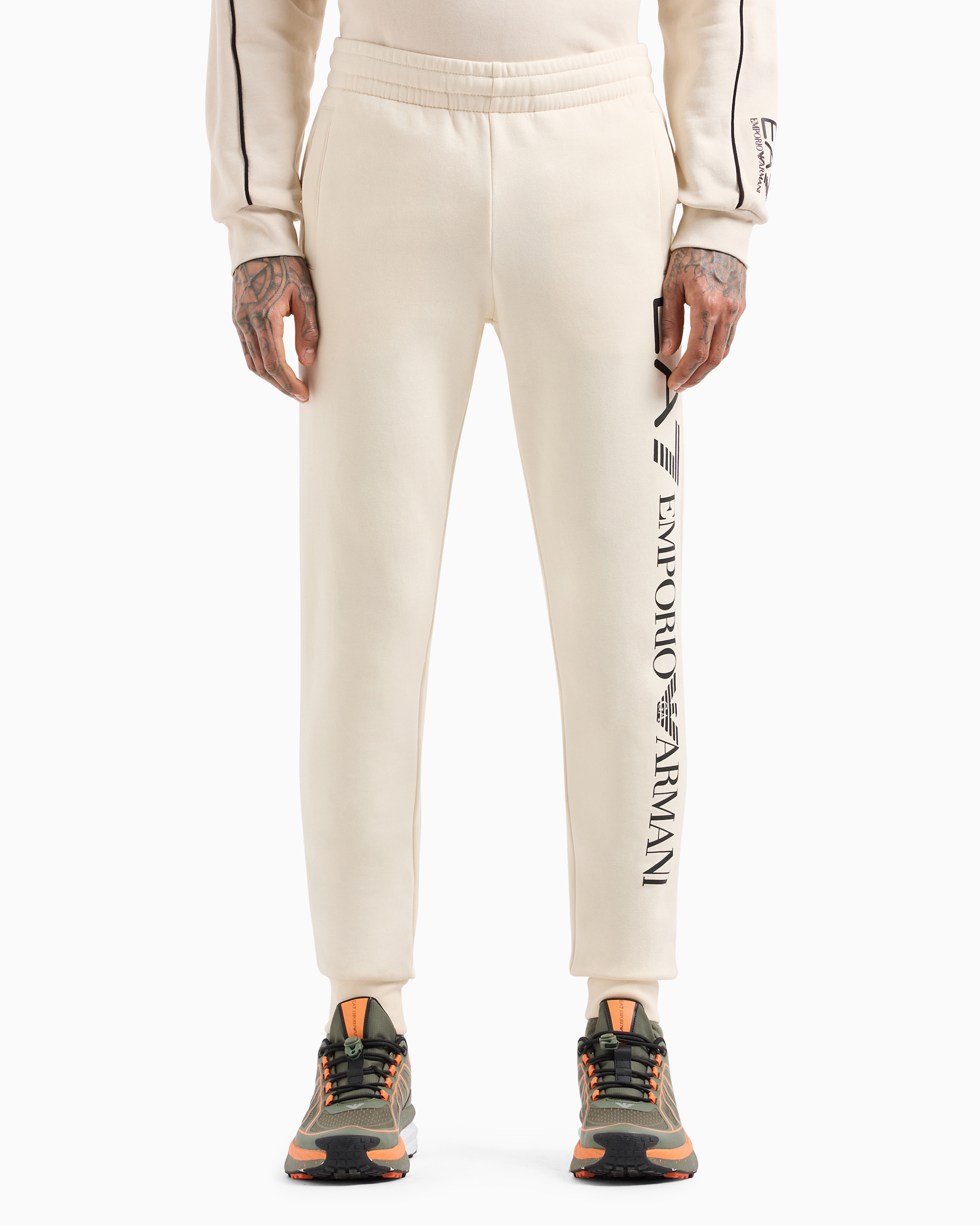 Shop Ea7 Logo Series Cotton Joggers In Beige