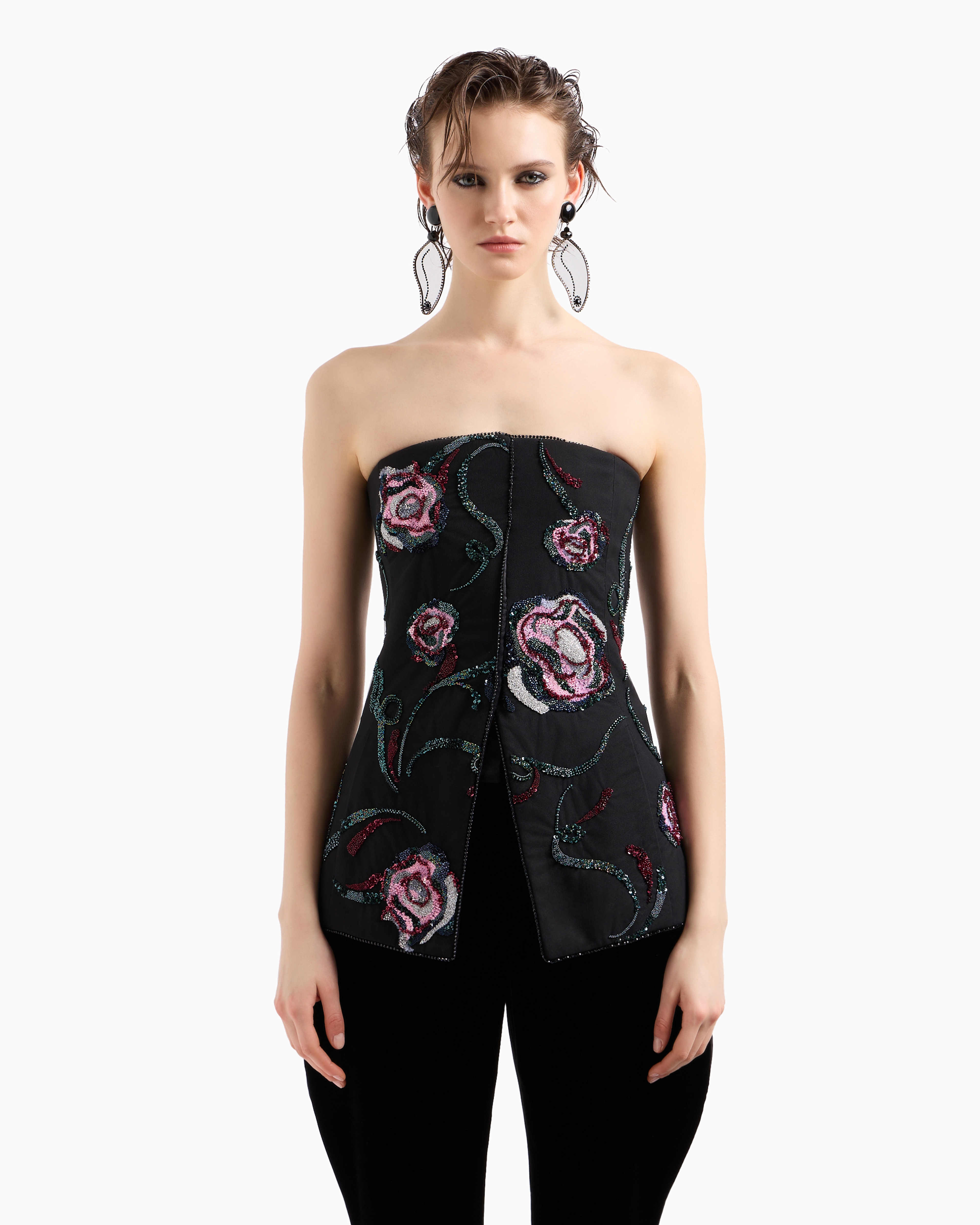 Giorgio Armani Bustier Top With All-over Floral Embroidery In Black