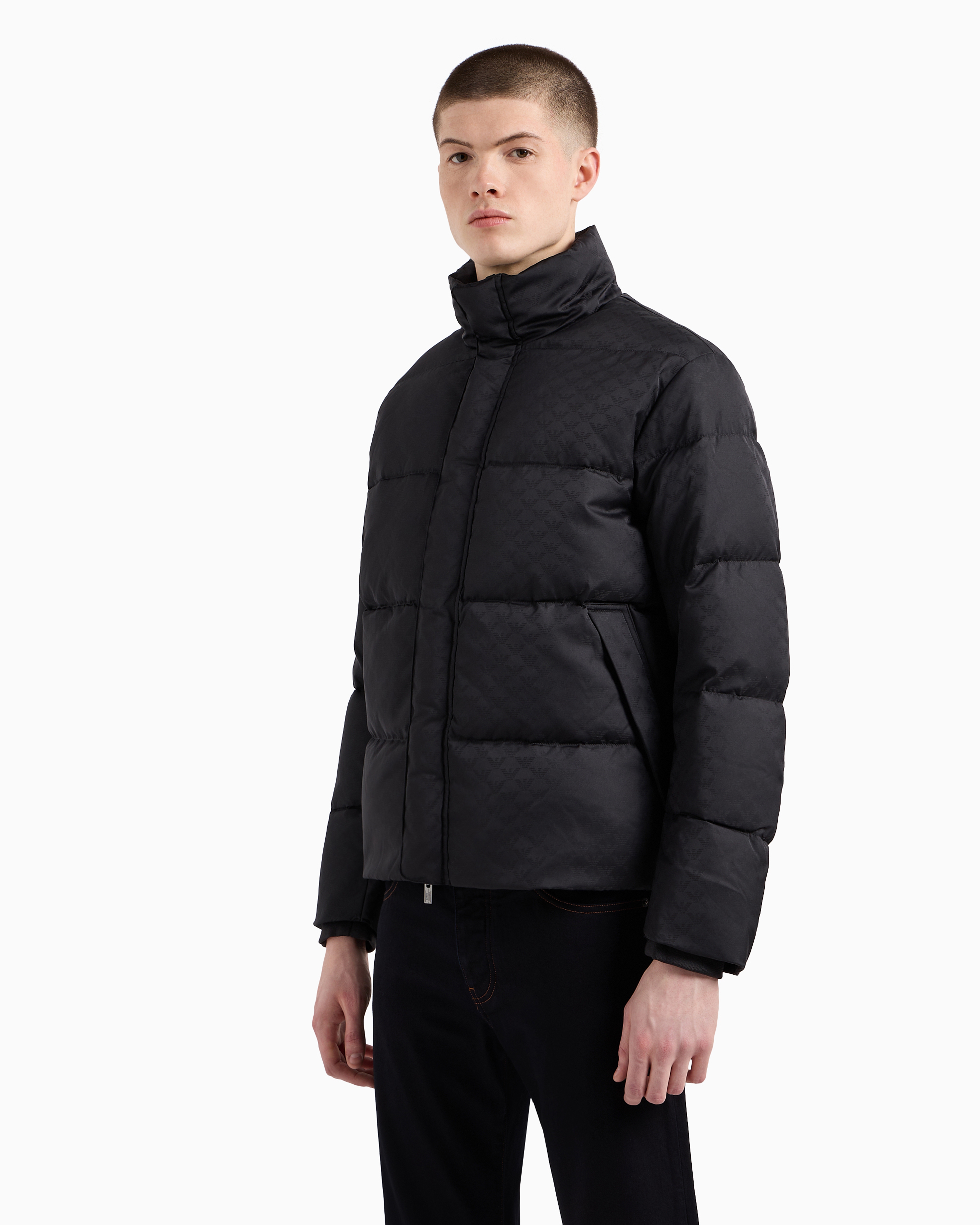 Emporio armani black jacquard puffer jacket online