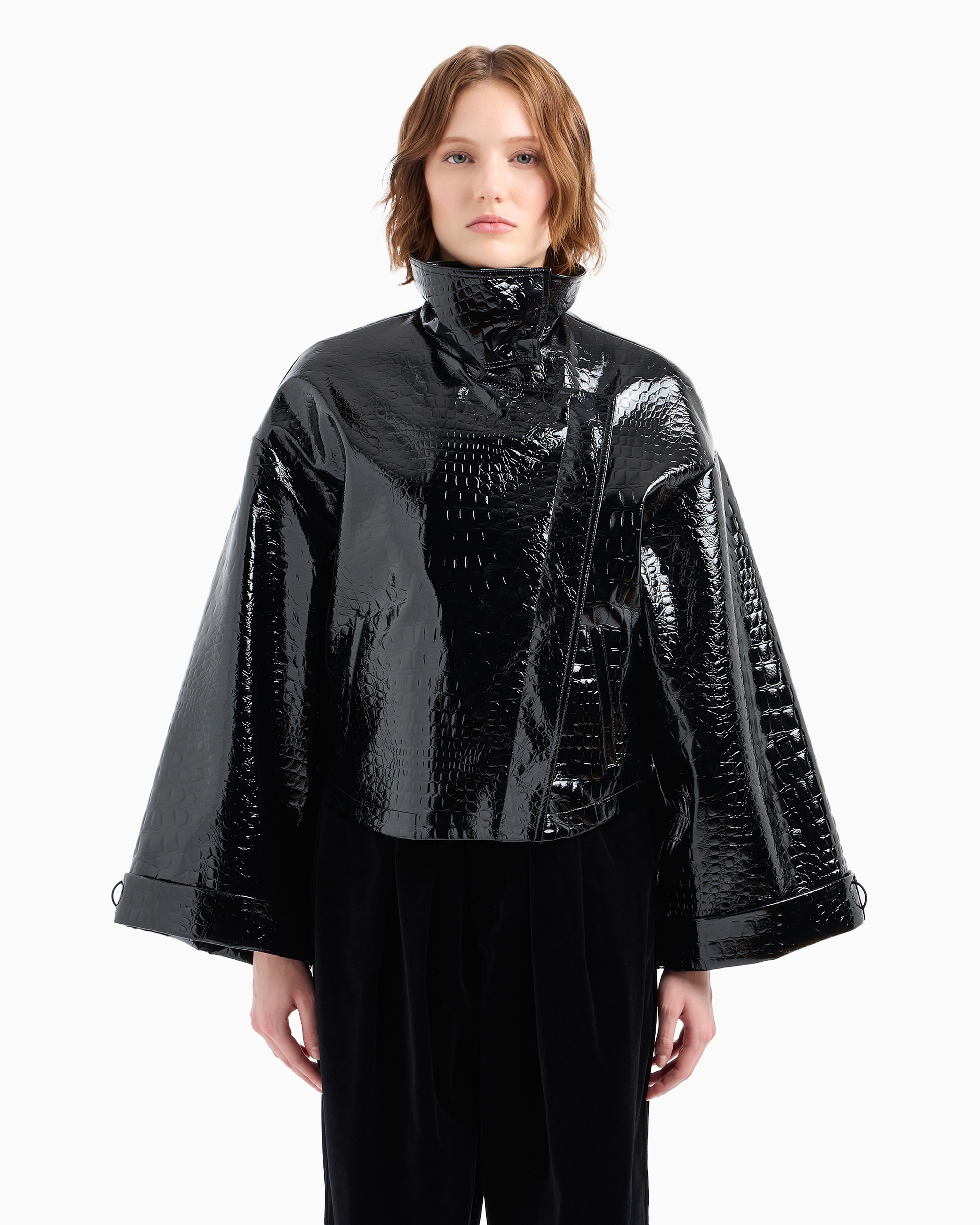 Shop Emporio Armani Mock Croc Vinyl Blouson With Kimono Sleeves In Noir