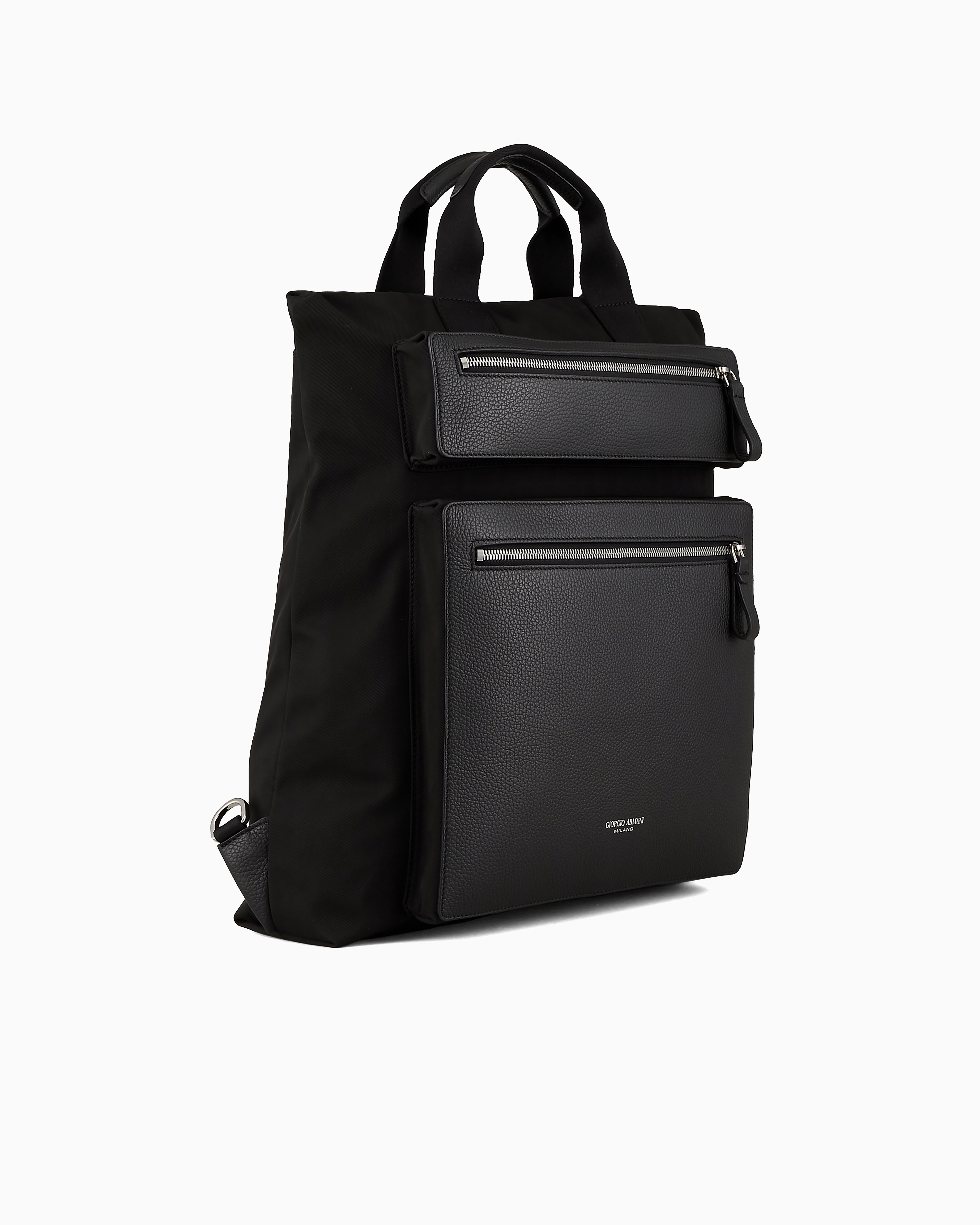 Giorgio Armani Official Store Armani Sustainability Values Nylon And Pebbled Leather Convertible Shopper Bag In Black