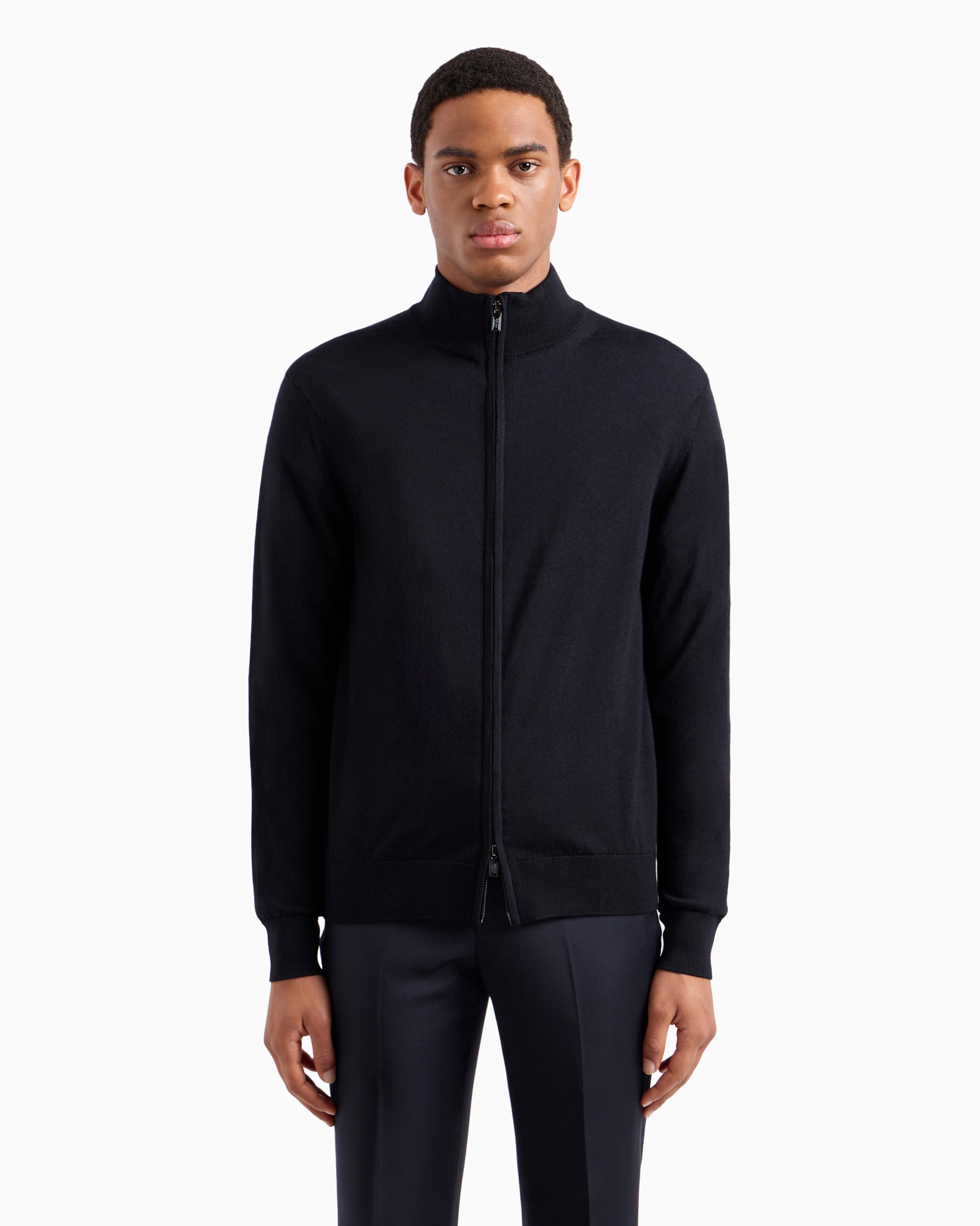 Emporio Armani Virgin-wool Full-zip Cardigan In Navy Blue
