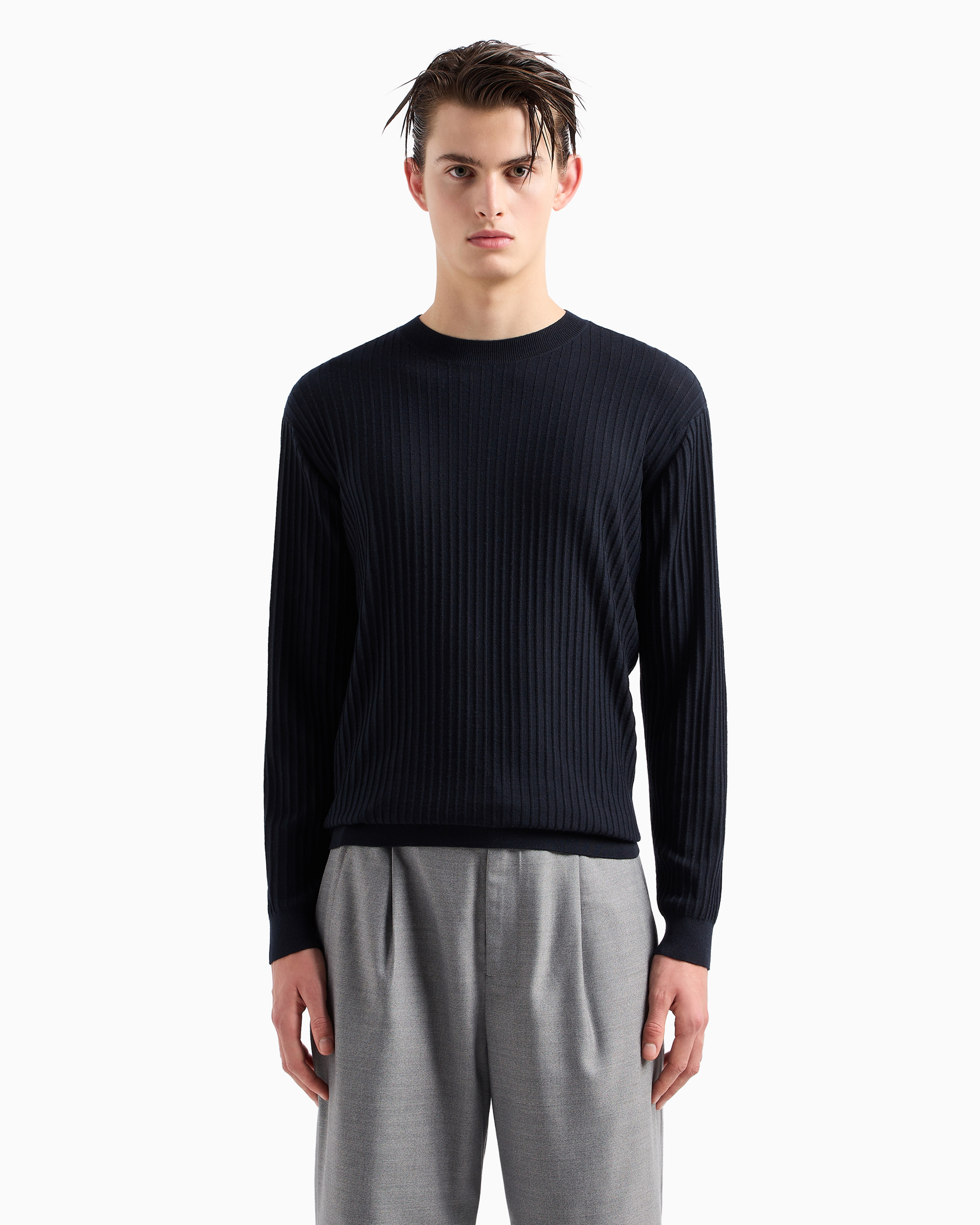 EMPORIO ARMANI TRAVEL ESSENTIAL RIBBED-EFFECT VIRGIN-WOOL JUMPER 