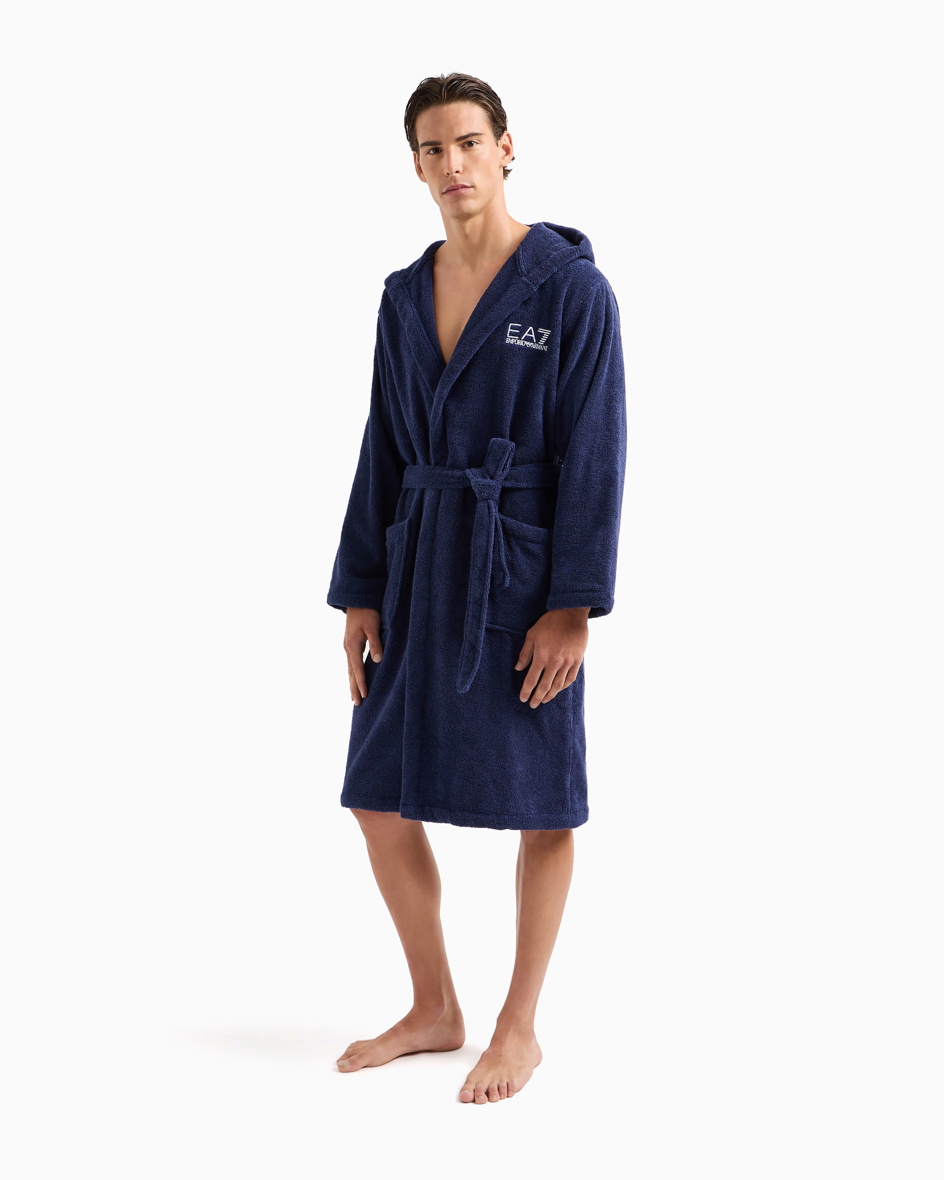 Shop Ea7 Cotton Terry Bathrobe In Navy Blue