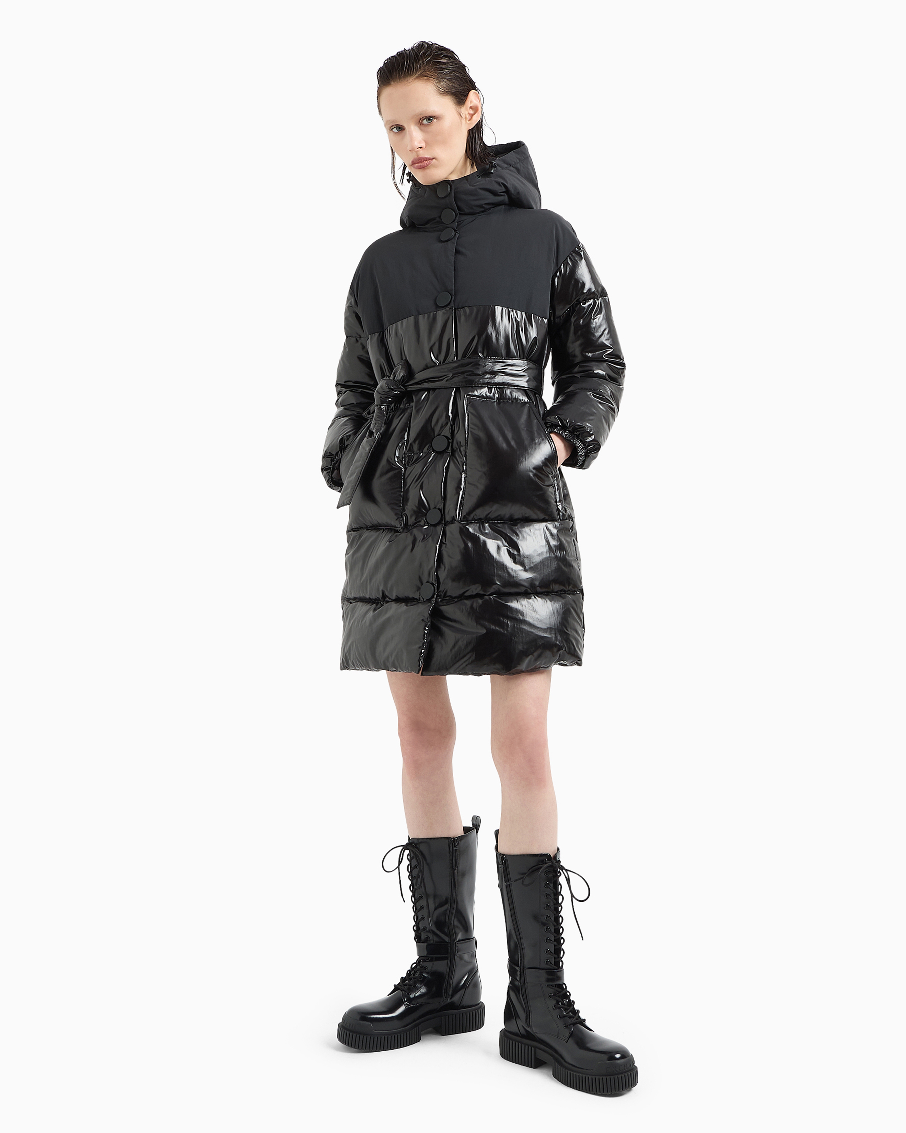 Shop Armani Exchange Patent Fabric Jacket With Belt In Black