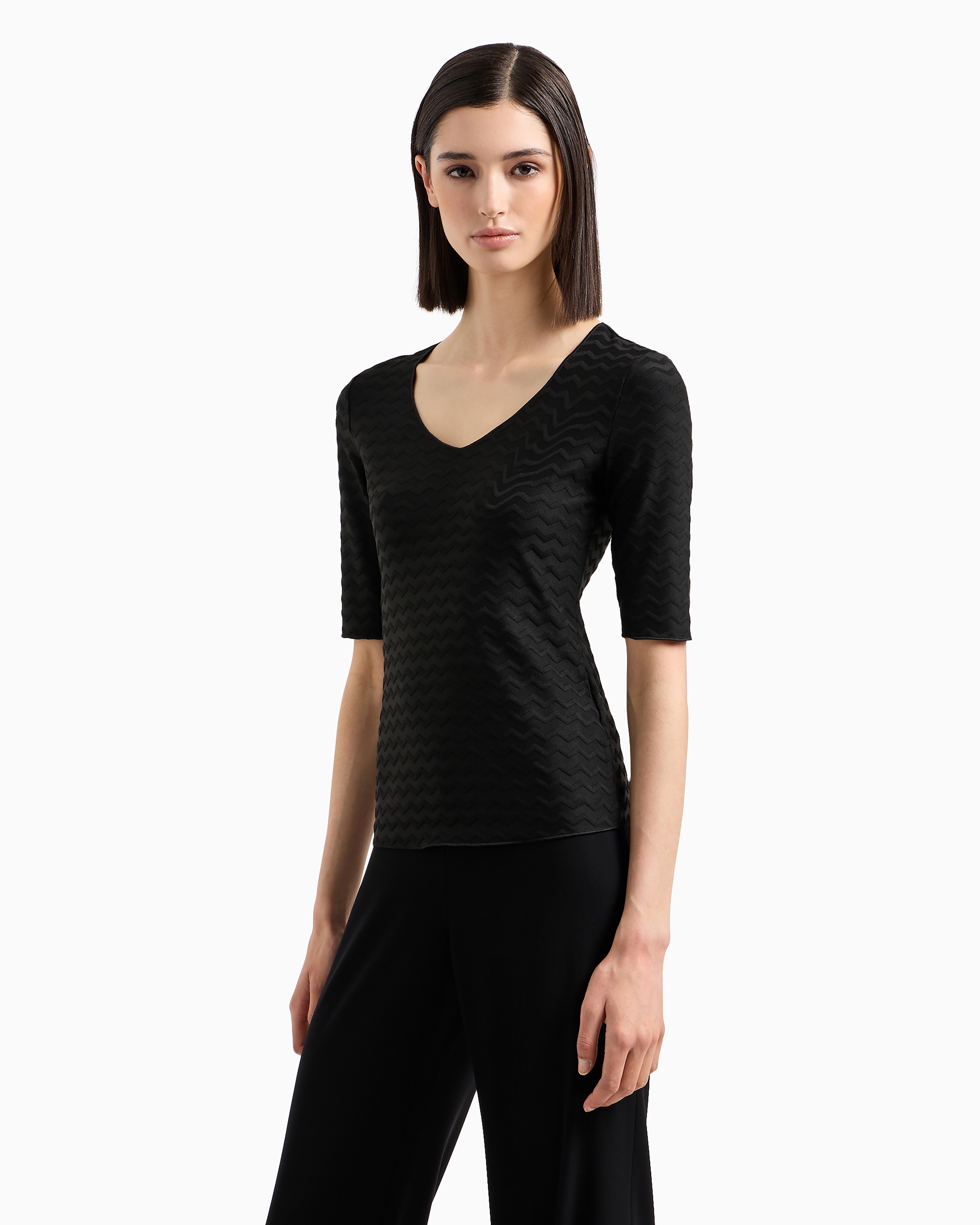 Shop Emporio Armani Two-way Stretch Jacquard Jersey V-neck Jumper With Three-quarter Length Sleeves In Black