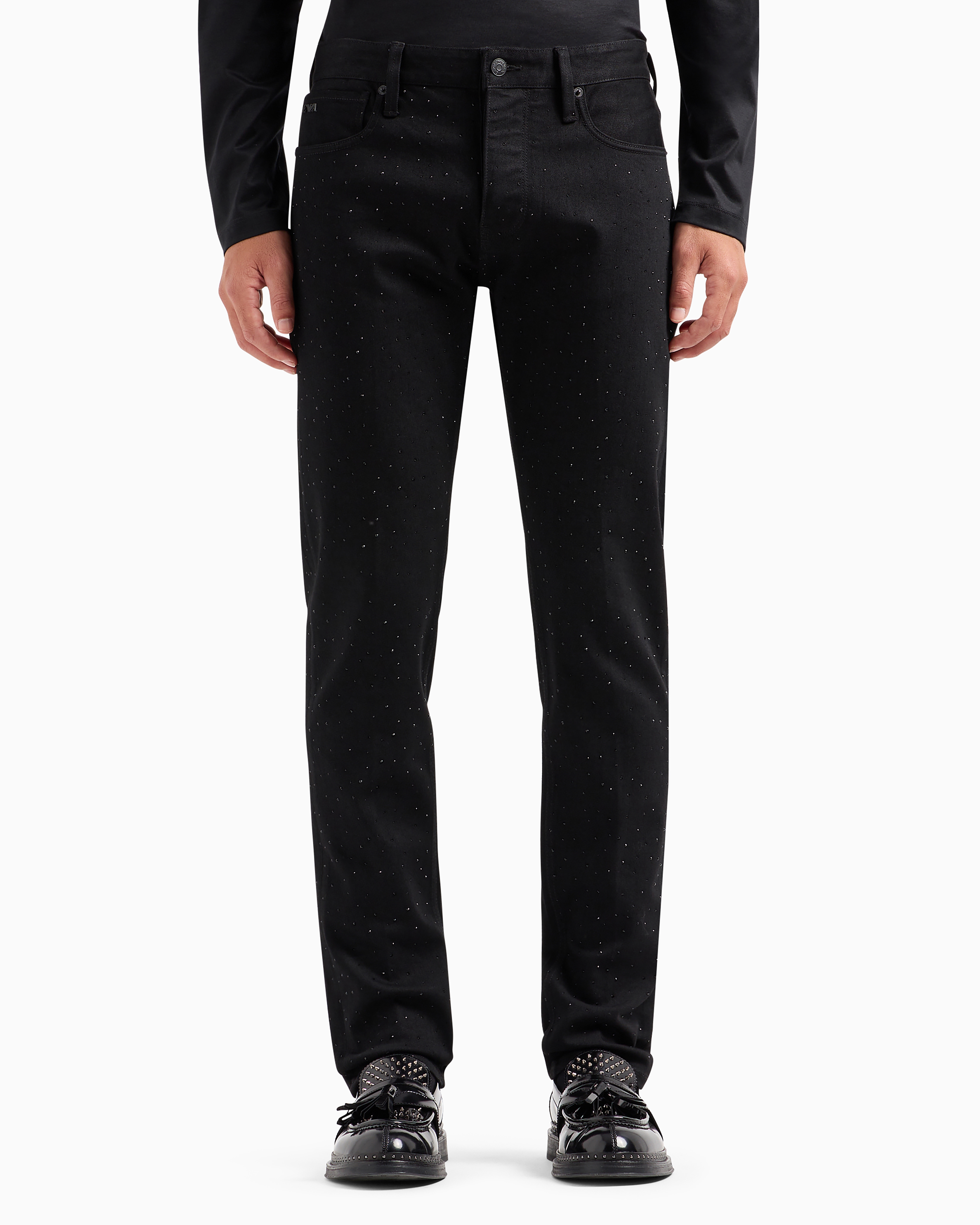 Emporio Armani Official Store J75 Clubwear Slim-fit Bull Denim Jeans With All-over Rhinestones In Black